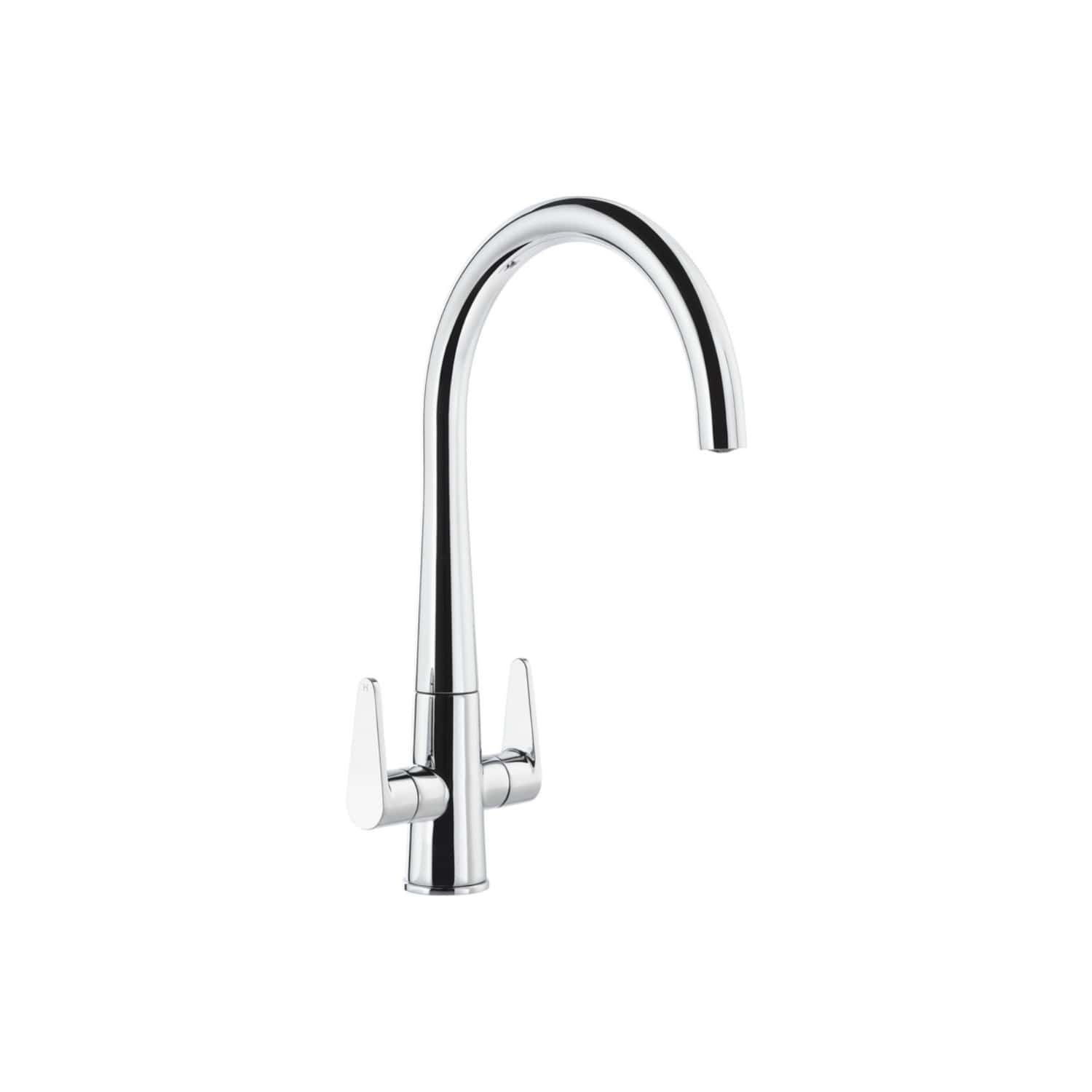 Shiny chrome kitchen tap with high-arc spout and dual handles, ideal for modern bathrooms and kitchens, providing stylish and durable water access.