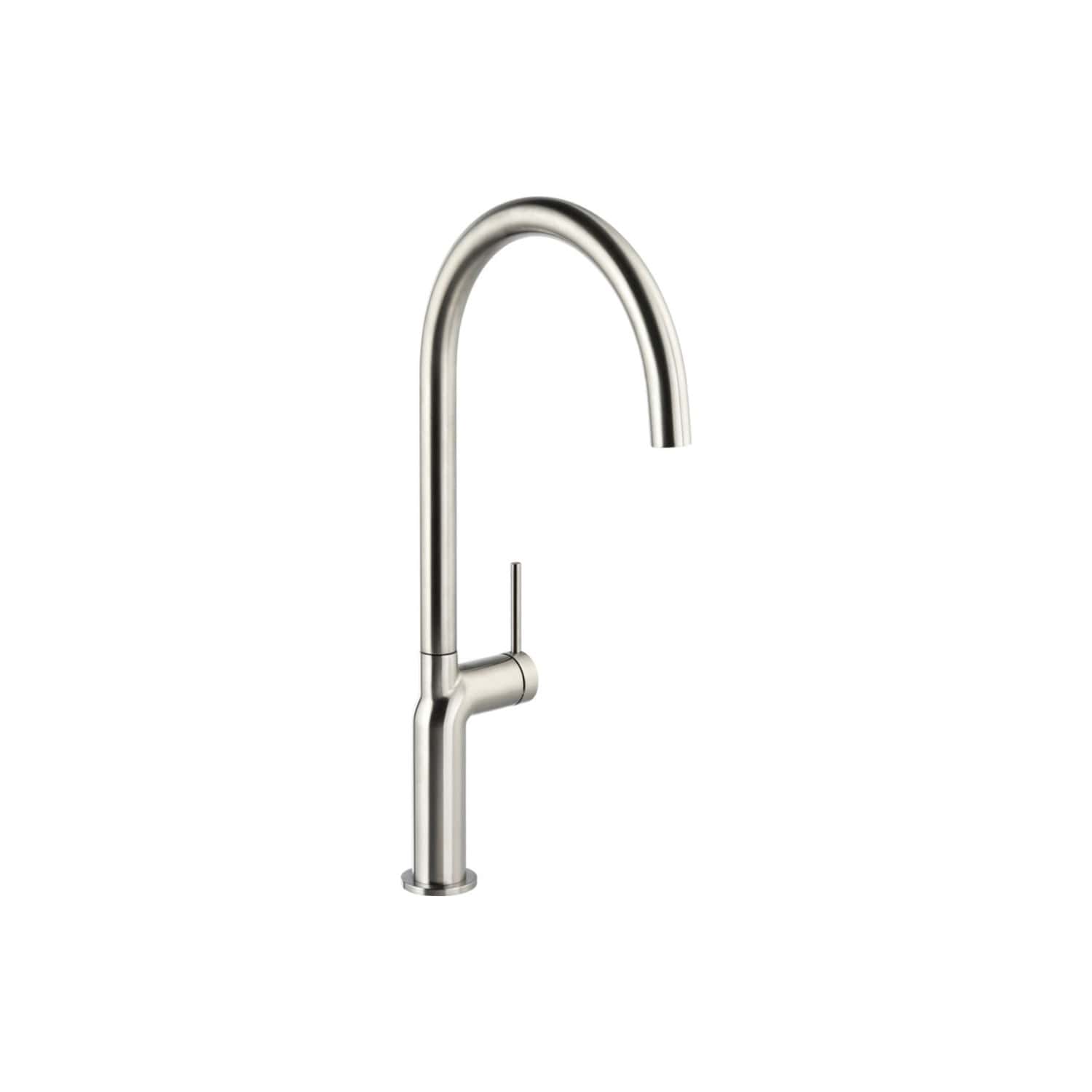 Sleek stainless steel kitchen tap with a high-arc spout and modern design, ideal for contemporary bathrooms and kitchens, providing durability and style.
