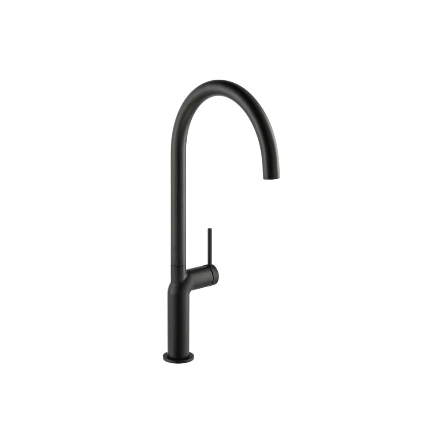 Sleek black kitchen tap with a modern high-arc design, perfect for contemporary bathrooms and kitchens, featuring a single lever for easy water control.