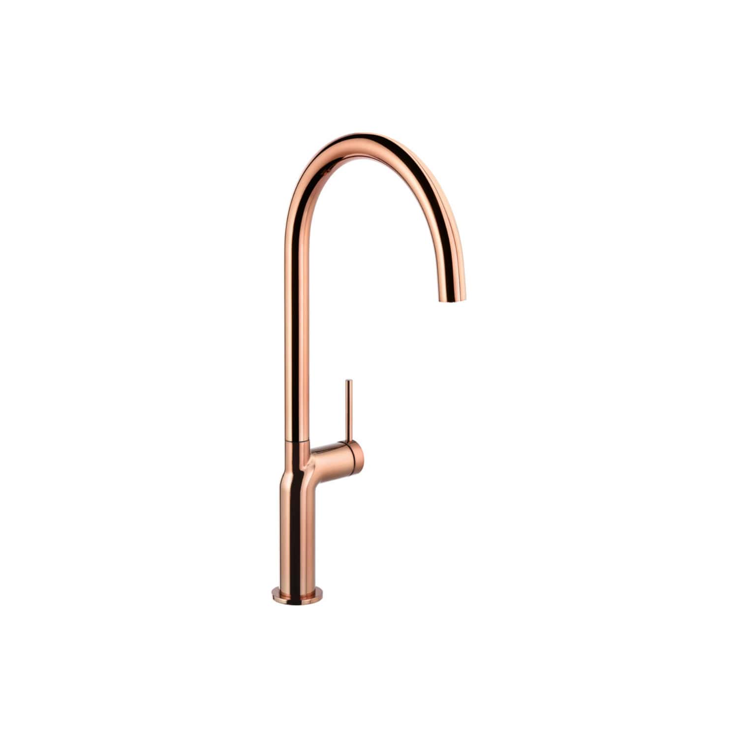 Sleek rose gold kitchen tap featuring a modern high-arc design, single lever control, and polished finish for stylish and functional bathroom and kitchen renovations.