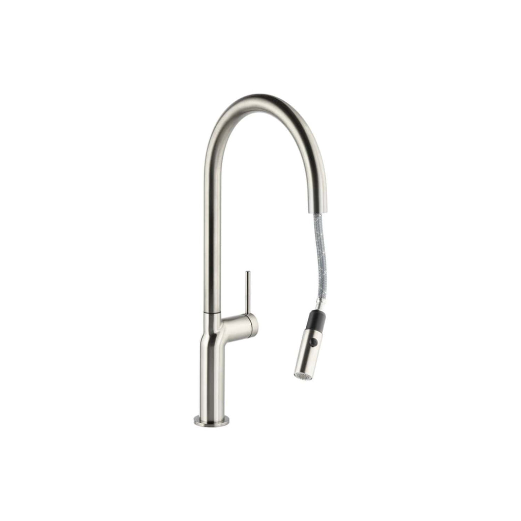 Sleek stainless steel kitchen sink mixer tap with pull-out spray, modern design, ideal for contemporary kitchens, durable and easy to use. Perfect for Bubly Bathrooms.
