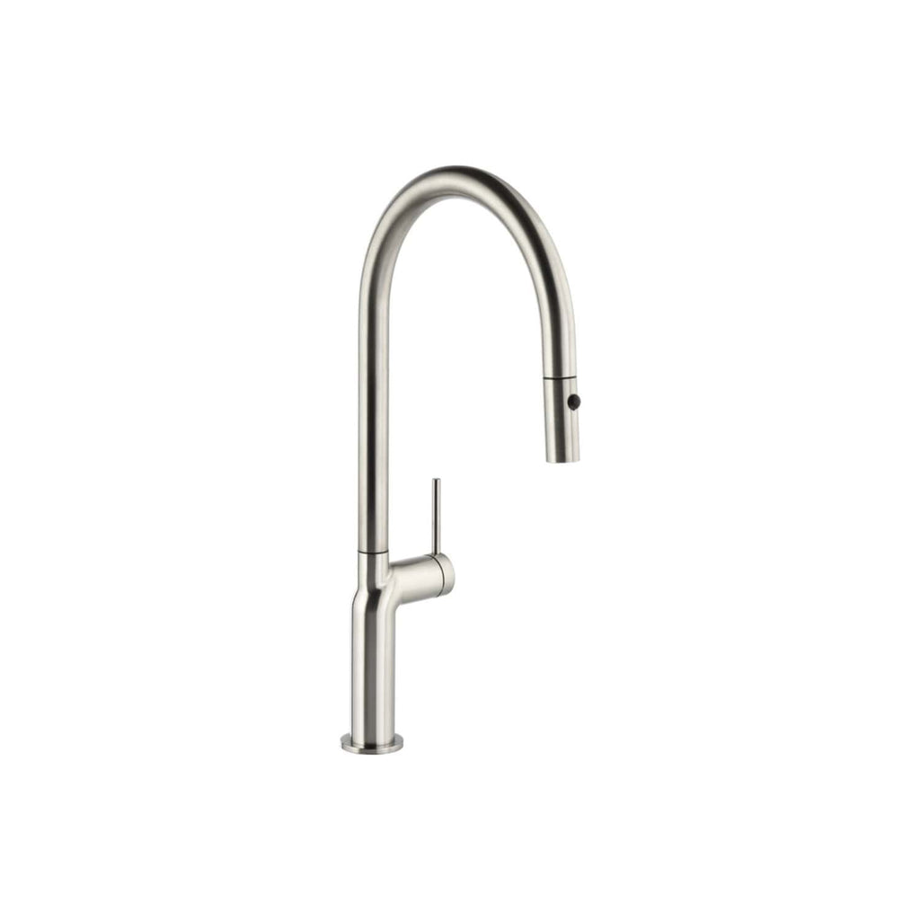 Sleek stainless steel kitchen tap with a high-arc design, ideal for modern bathroom or kitchen installations, featuring a pull-down spray head for versatile use.