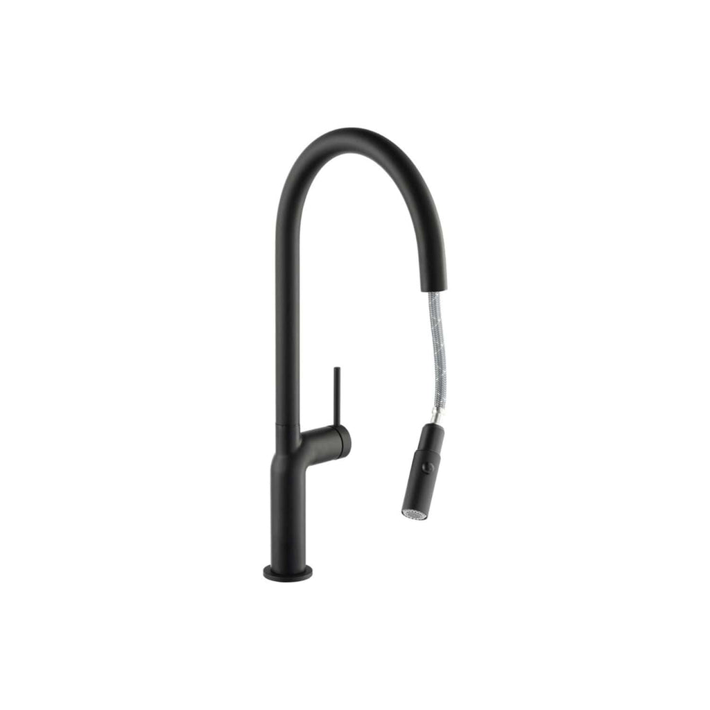 Sleek black kitchen faucet with high arc design and pull-down spray head, ideal for modern bathrooms and kitchens. Durable and stylish, perfect for adding a contemporary touch to your space.
