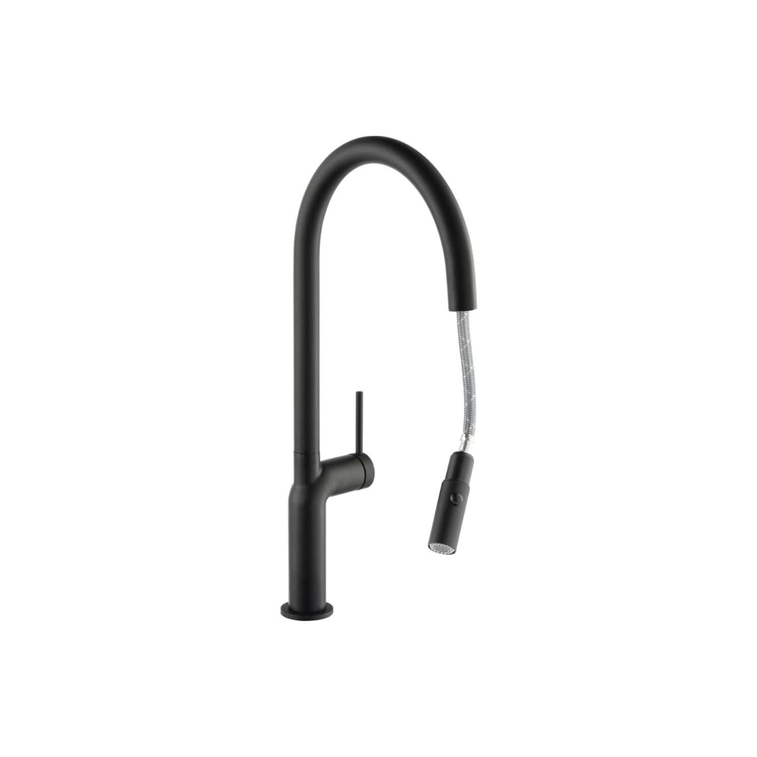 Sleek black kitchen faucet with high arc design and pull-down spray head, ideal for modern bathrooms and kitchens. Durable and stylish, perfect for adding a contemporary touch to your space.