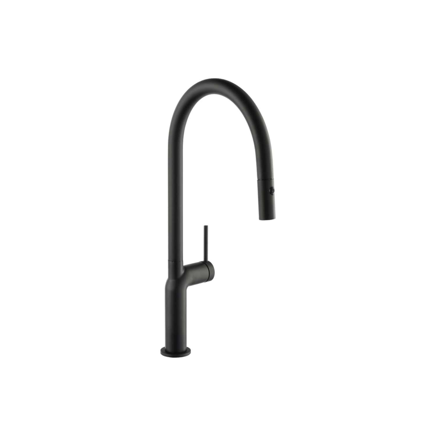 Sleek black kitchen or bathroom mixer tap with a high-arc spout and single lever handle, designed for modern minimalist bathroom or kitchen installations.