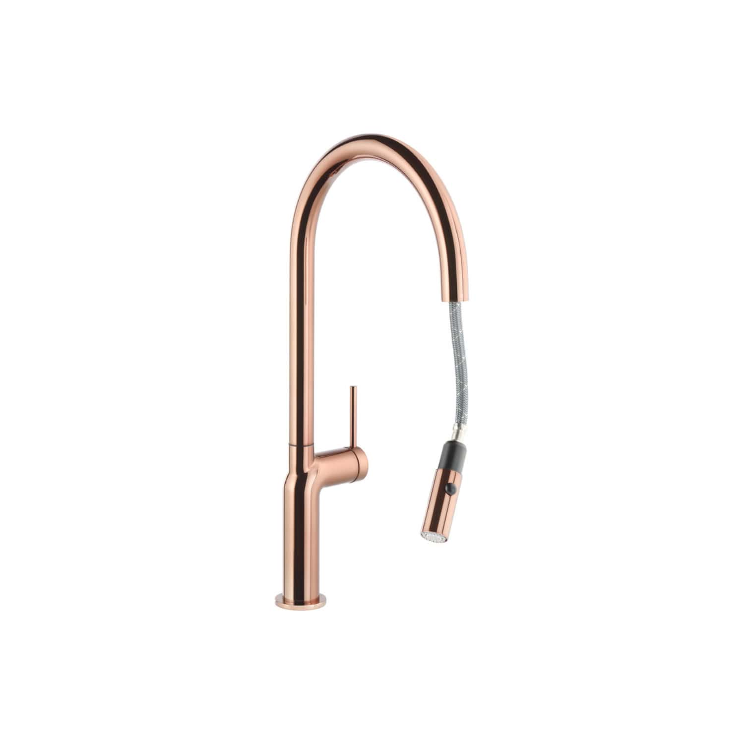 Sleek rose gold kitchen or bathroom tap with pull-out spray nozzle, modern design, suitable for contemporary kitchens and bathrooms.