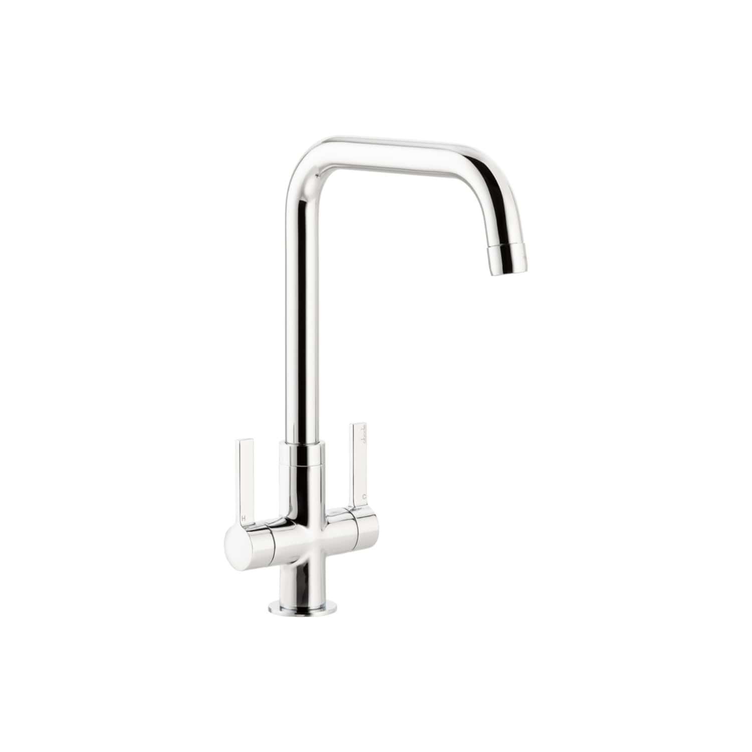 Sleek chrome kitchen tap with modern design, ideal for stylish and functional bathrooms or kitchens, featuring a high-arc spout and dual handle controls.
