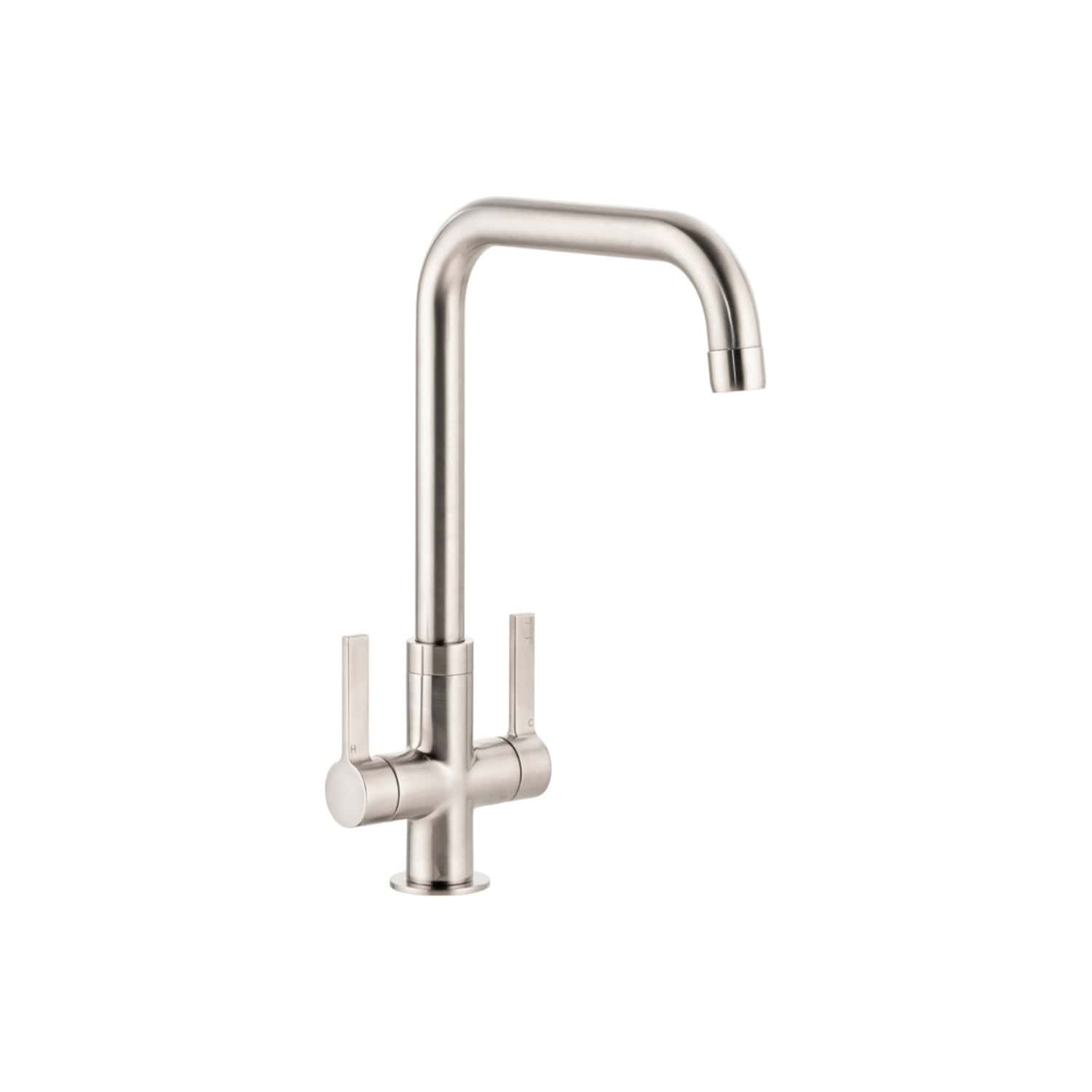 Brushed stainless steel kitchen tap with dual controls, modern design, high arc spout, ideal for contemporary Bubly bathrooms and kitchen renovations. Perfect for upgrading kitchen sinks.