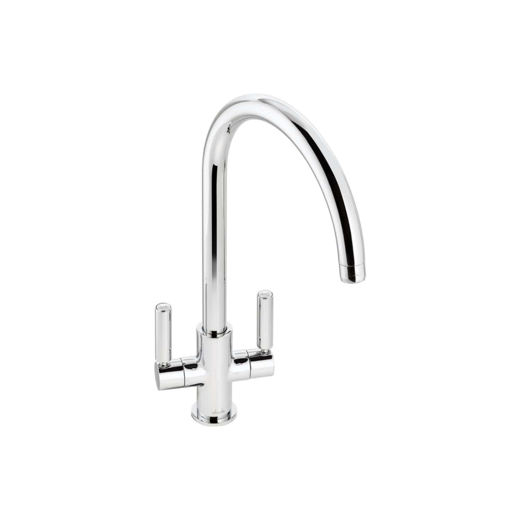Sleek chrome kitchen tap with high-arc design, modern style, and dual lever handles for precise control, ideal for contemporary Bubly bathrooms and kitchens.