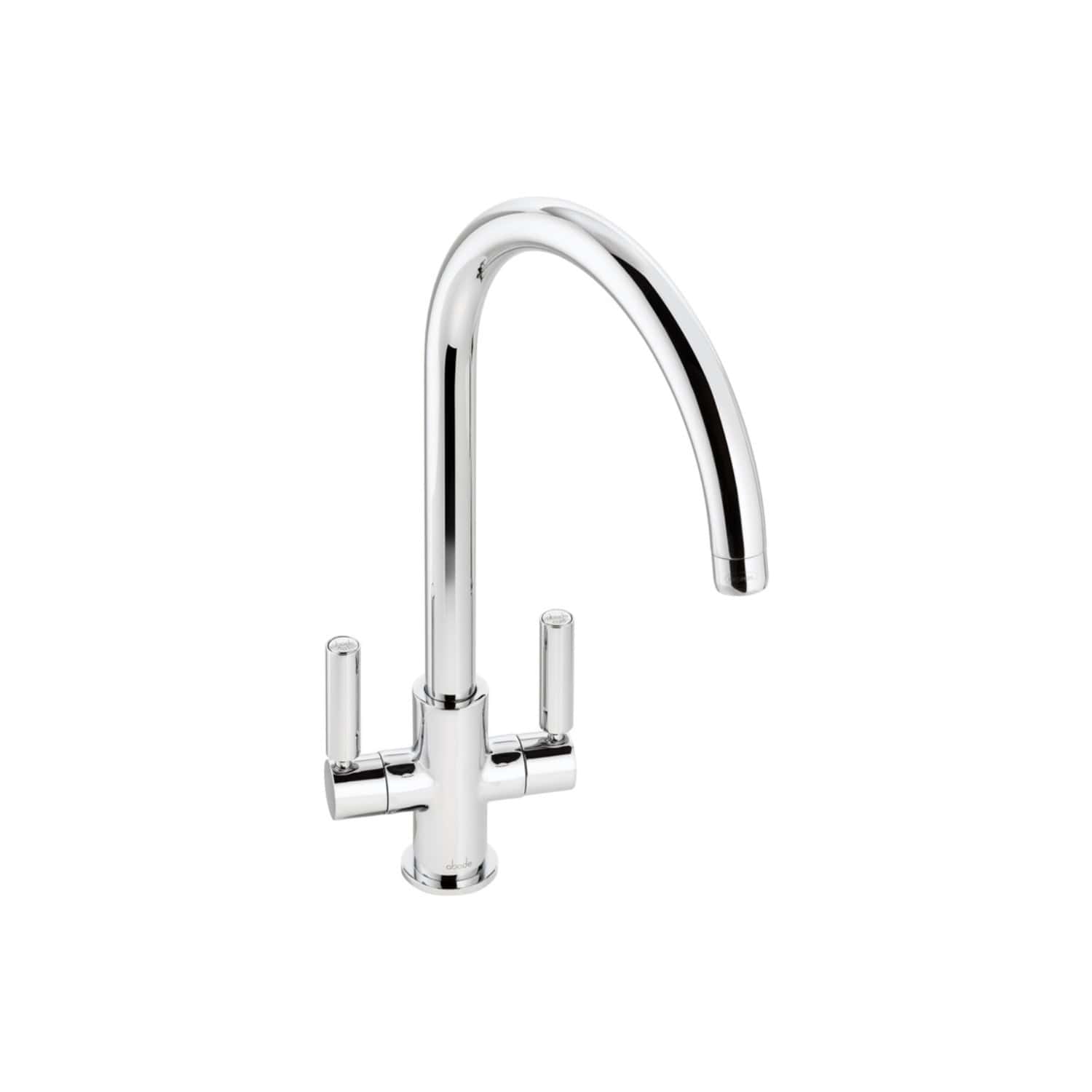 Sleek chrome kitchen tap with high-arc design, modern style, and dual lever handles for precise control, ideal for contemporary Bubly bathrooms and kitchens.