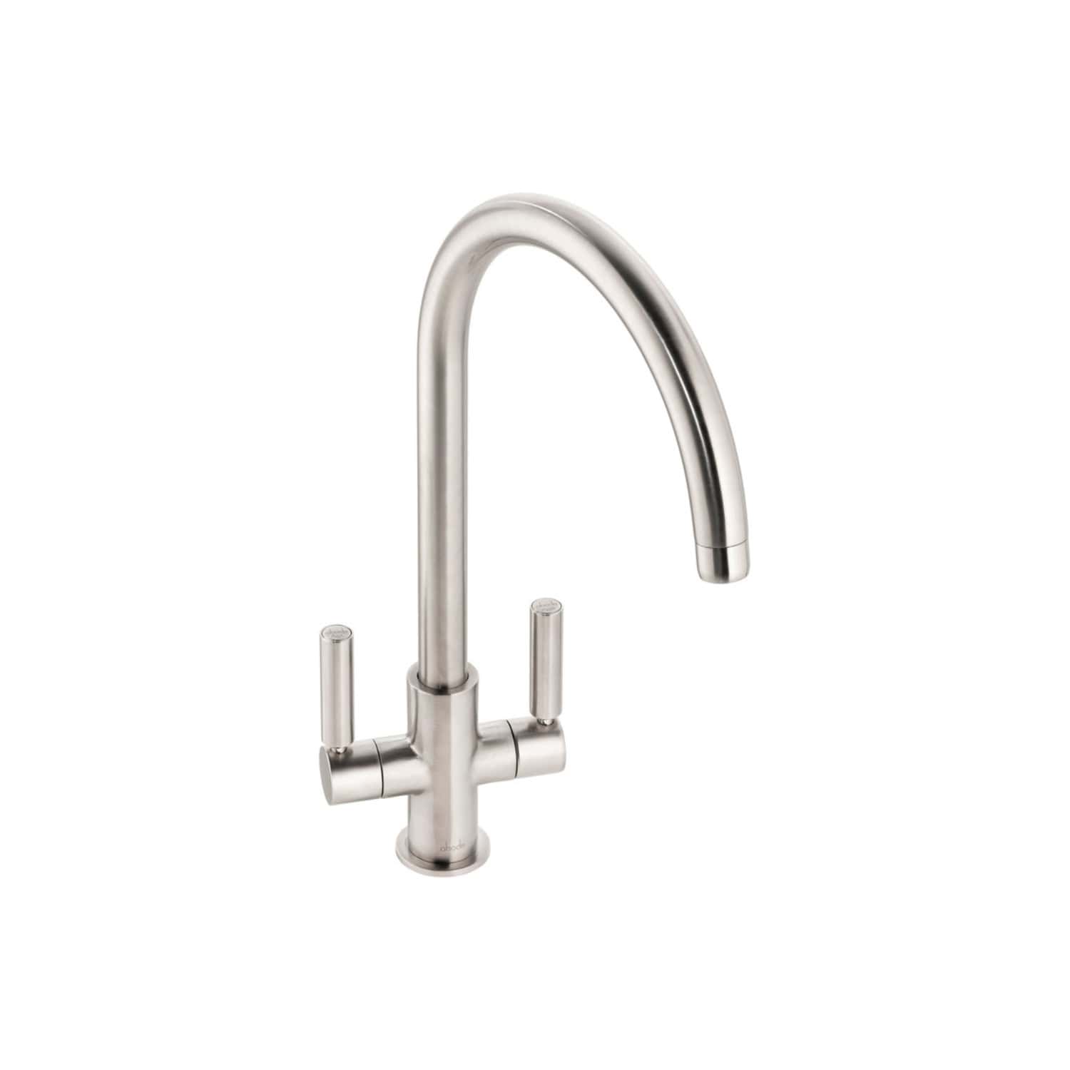 Stainless steel kitchen tap with two handles, modern design, suitable for contemporary bathrooms and kitchens, provides sleek, durable water flow, easy to install and maintain.