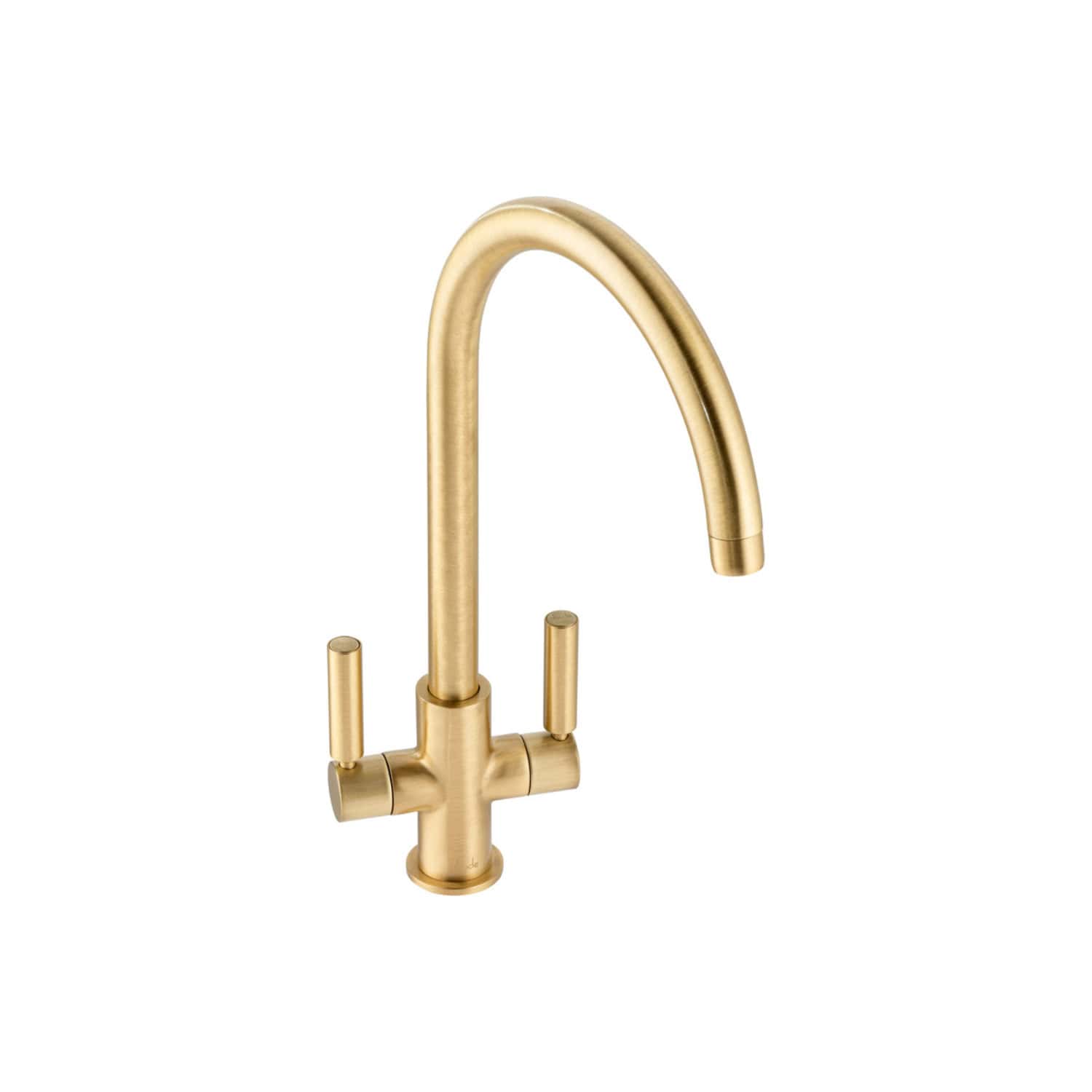 Brass kitchen tap with a modern curved design and dual handles, ideal for contemporary bathroom or kitchen renovations. Crafted for durability and style, perfect for adding a touch of elegance.