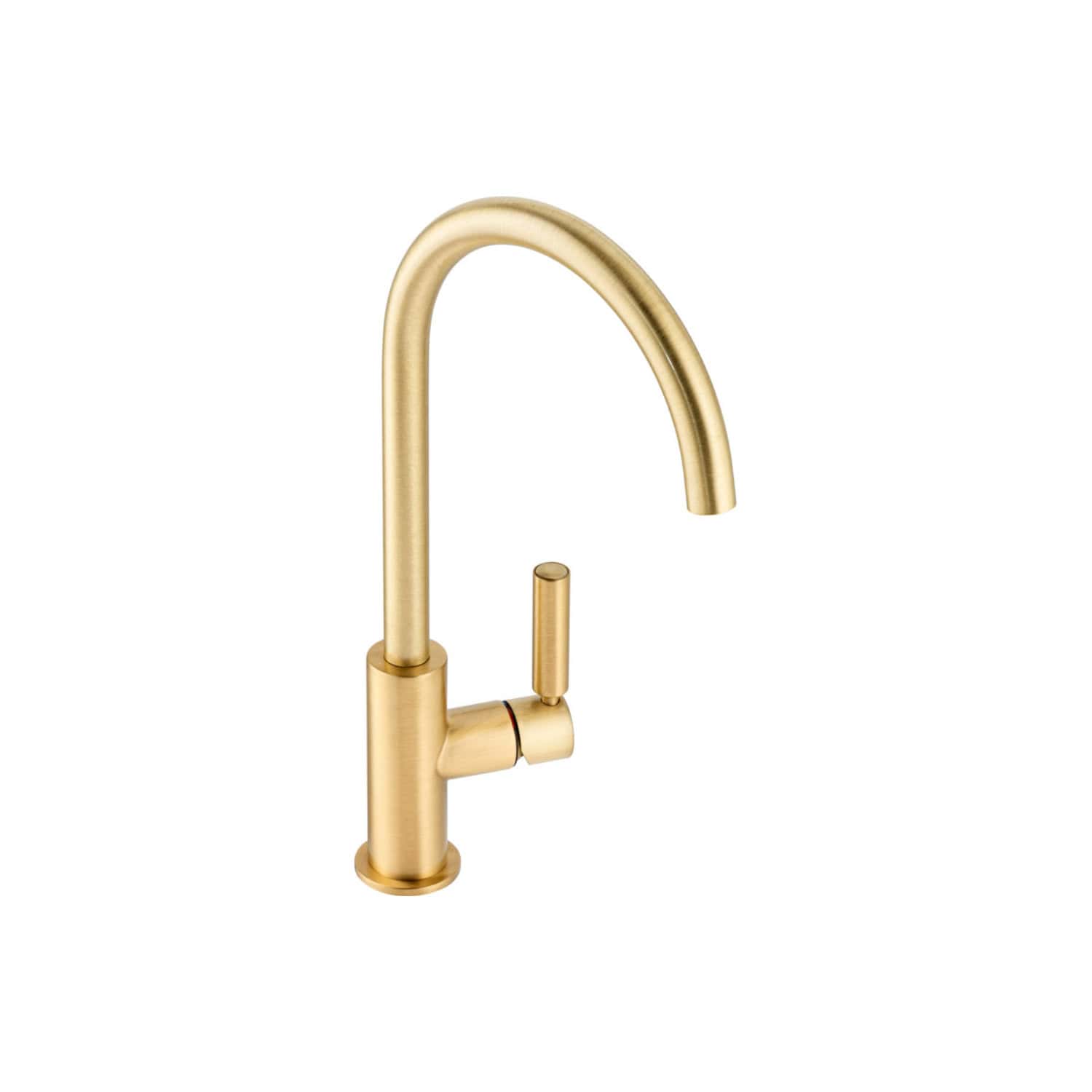 Sleek gold kitchen tap with modern design, high-arc spout and single lever for easy temperature and flow control. Ideal for contemporary bathrooms and kitchens.