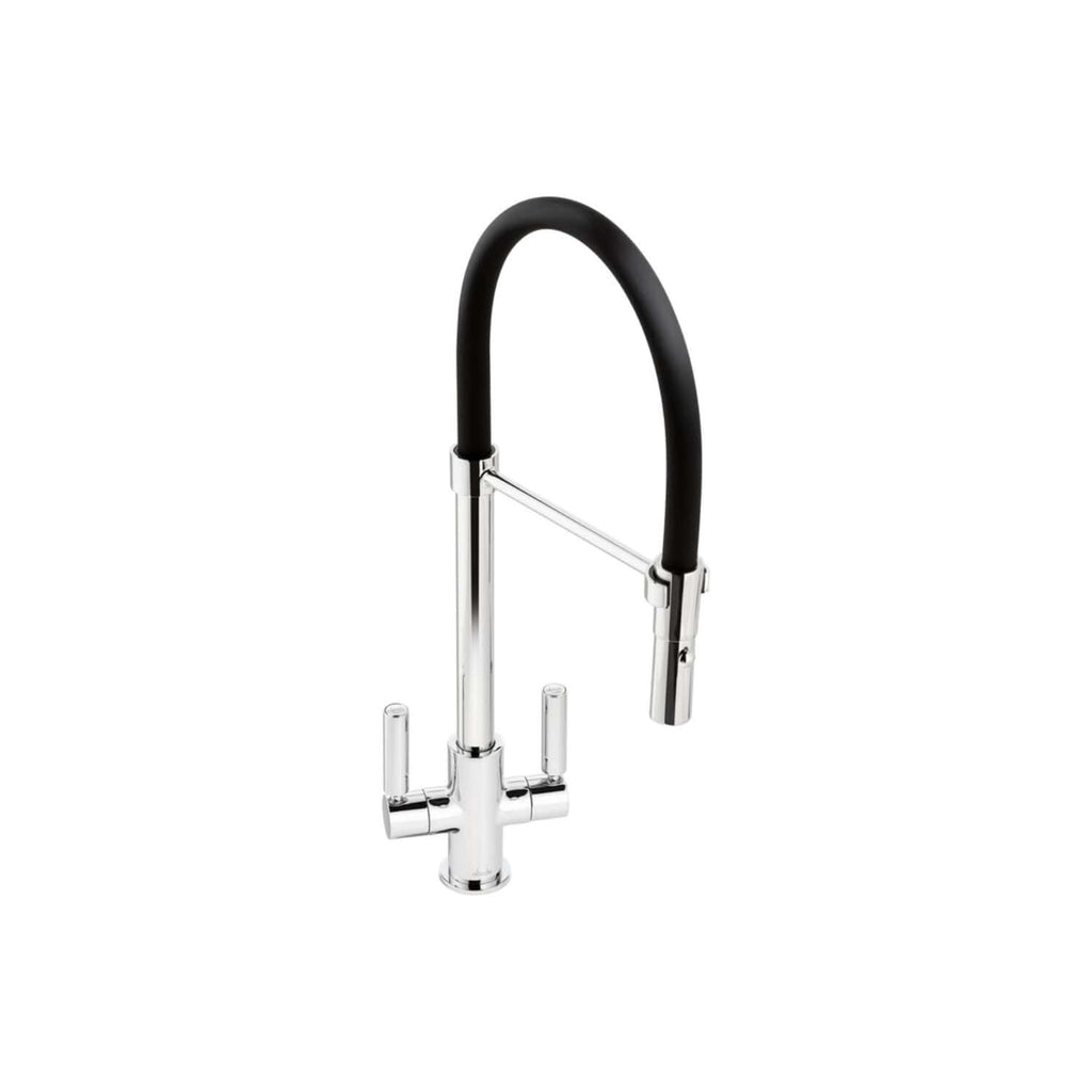 Sleek modern kitchen tap with black flexible hose and chrome finish, ideal for contemporary bathroom or kitchen remodels, providing durable and stylish water dispensing.