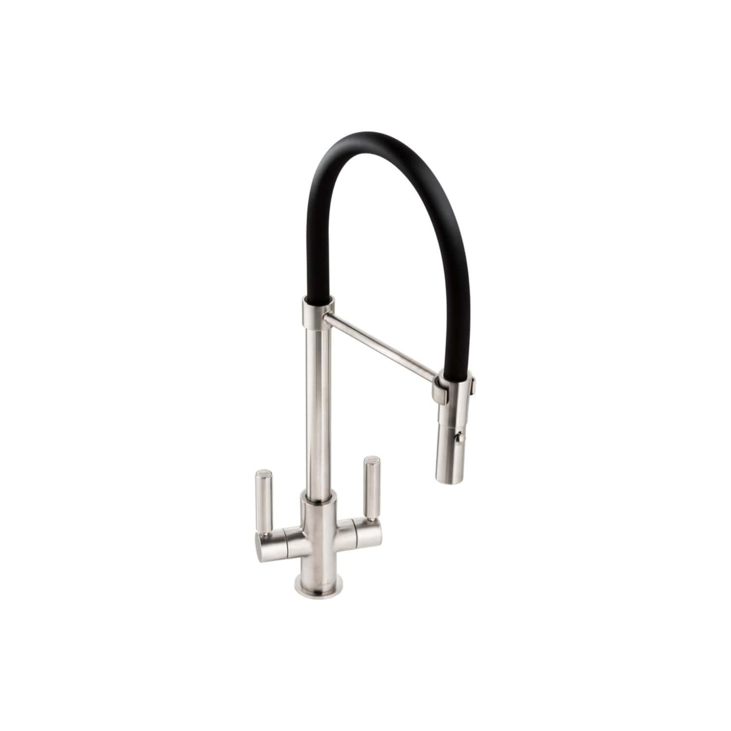 Sleek commercial kitchen tap with black flexible hose and stainless steel finish, ideal for modern bathrooms and gourmet kitchens. Durable, multi-functional, and stylish for high-end bathroom designs.