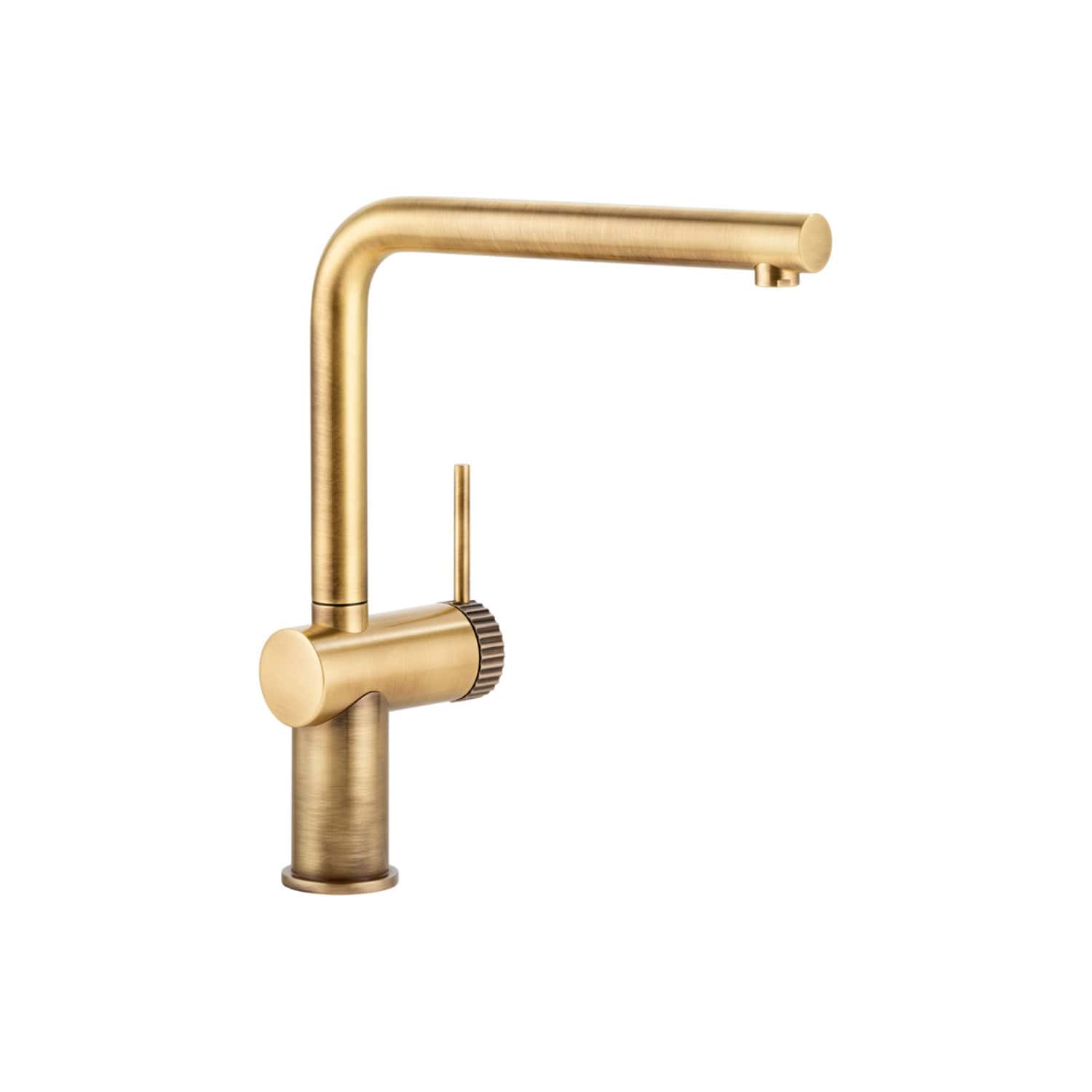 Sleek gold kitchen tap with modern design, featuring a high arc spout and single lever for precise water control, ideal for contemporary bathroom or kitchen renovation.
