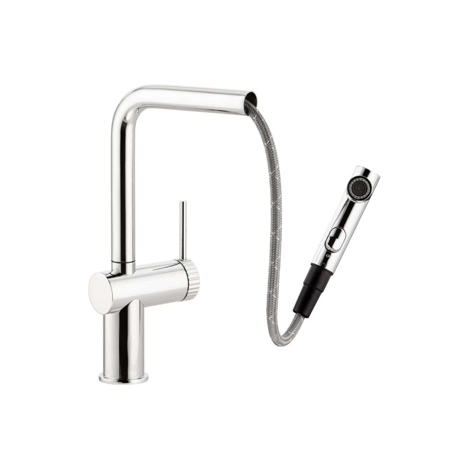 Sleek chrome kitchen tap with pull-out spray head, modern design, ideal for contemporary bathrooms or kitchens. Features easy-to-use controls and flexible hose for versatile sink use.