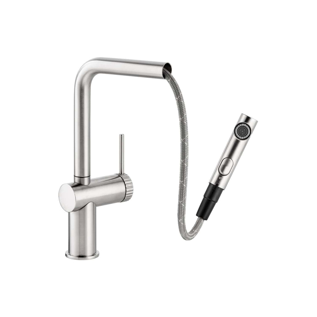 Sleek modern kitchen tap with pull-out spray head, stainless steel finish, and flexible hose, ideal for contemporary bathrooms or kitchens.