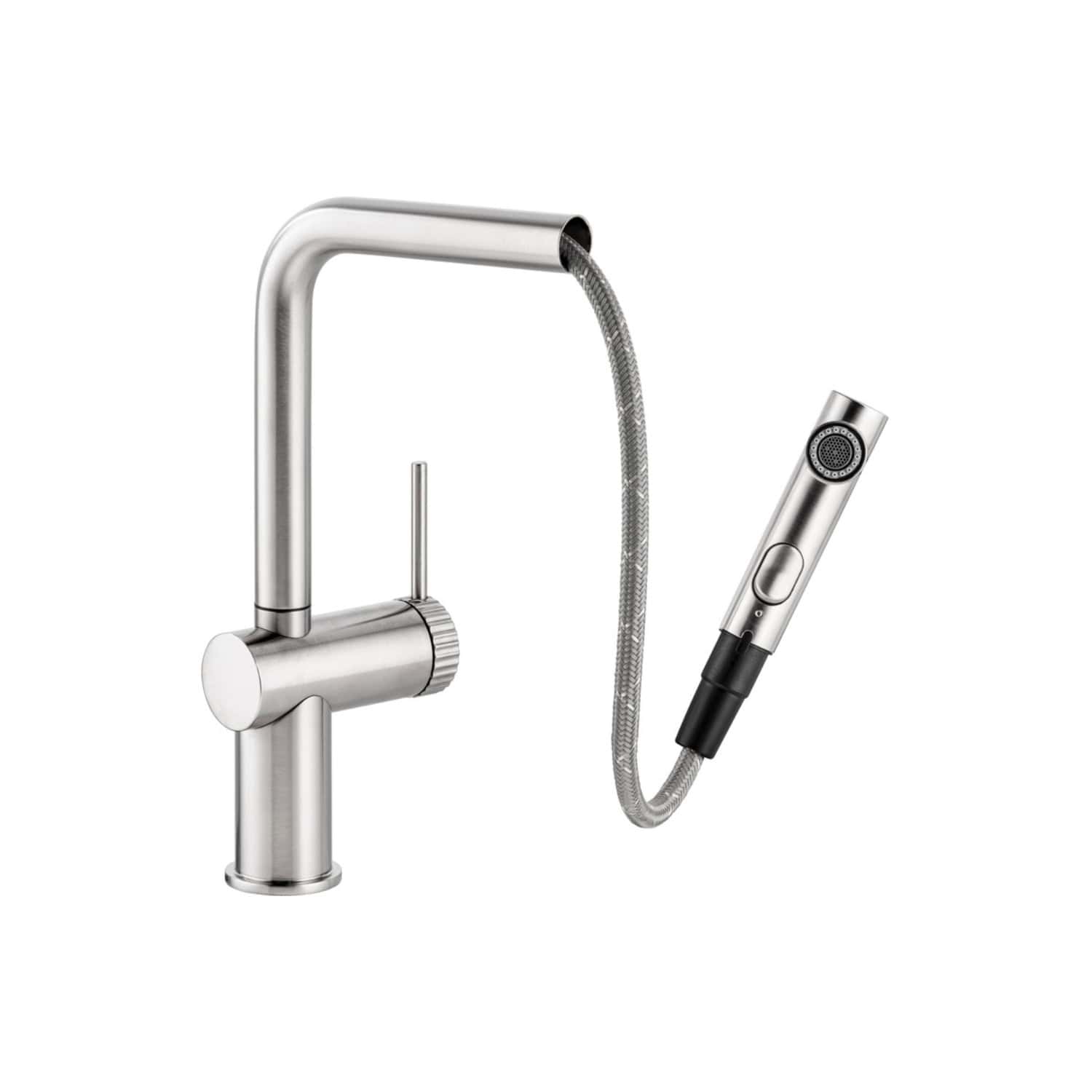 Sleek modern kitchen tap with pull-out spray head, stainless steel finish, and flexible hose, ideal for contemporary bathrooms or kitchens.