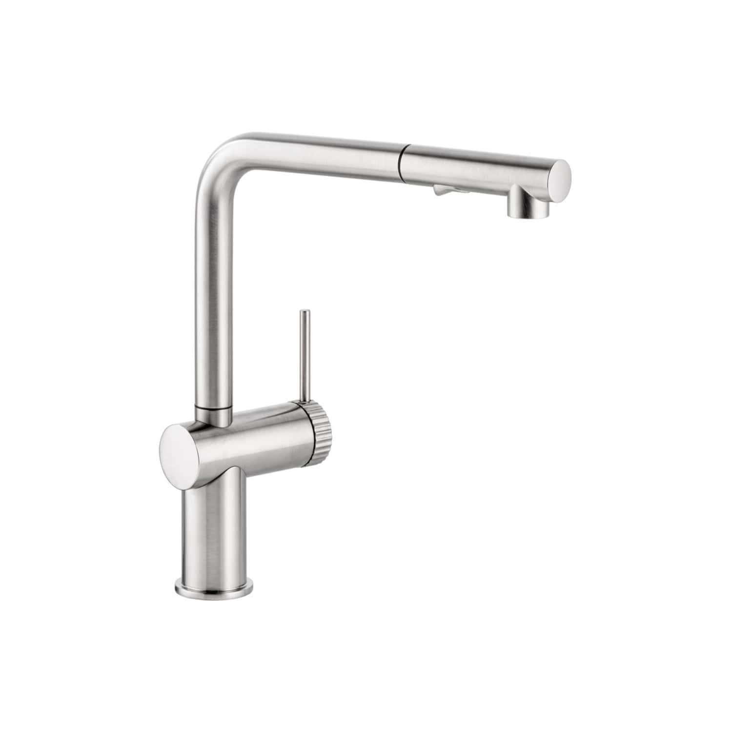 Sleek modern kitchen tap with a brushed stainless steel finish, featuring a single lever control and a pull-out spray head for versatile use. Ideal for contemporary bathrooms and kitchens.