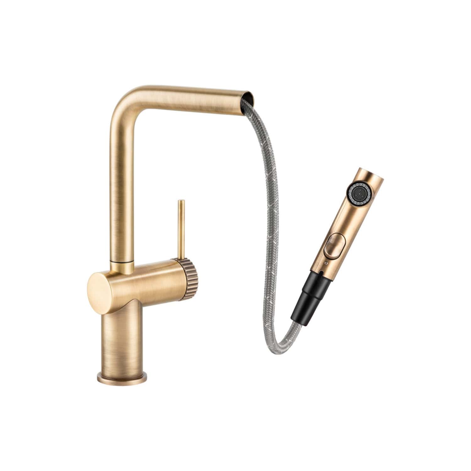Sleek gold kitchen tap with pull-out spray head for modern bathrooms and kitchens.