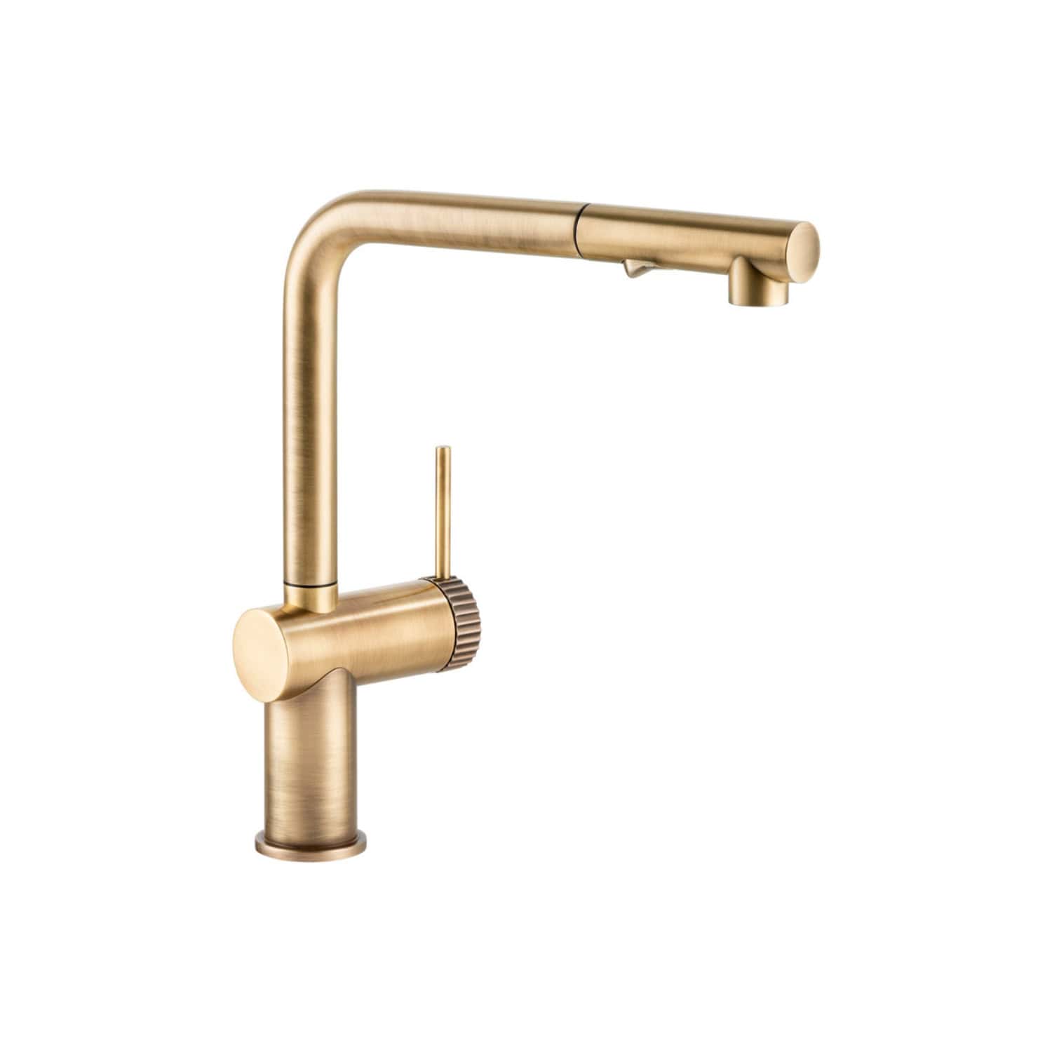 Brass kitchen tap with a sleek modern design, featuring a single lever for easy temperature control, perfect for contemporary bathroom or kitchen renovations.