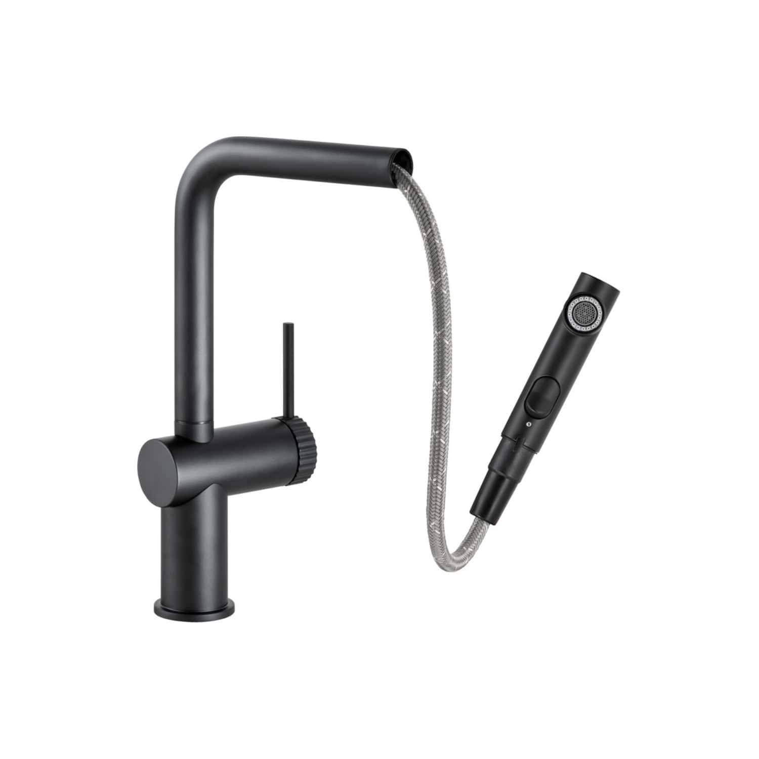 Sleek black kitchen tap with integrated handheld spray, modern design, and flexible hose for versatile kitchen sink use. Ideal for stylish, functional kitchen renovations.