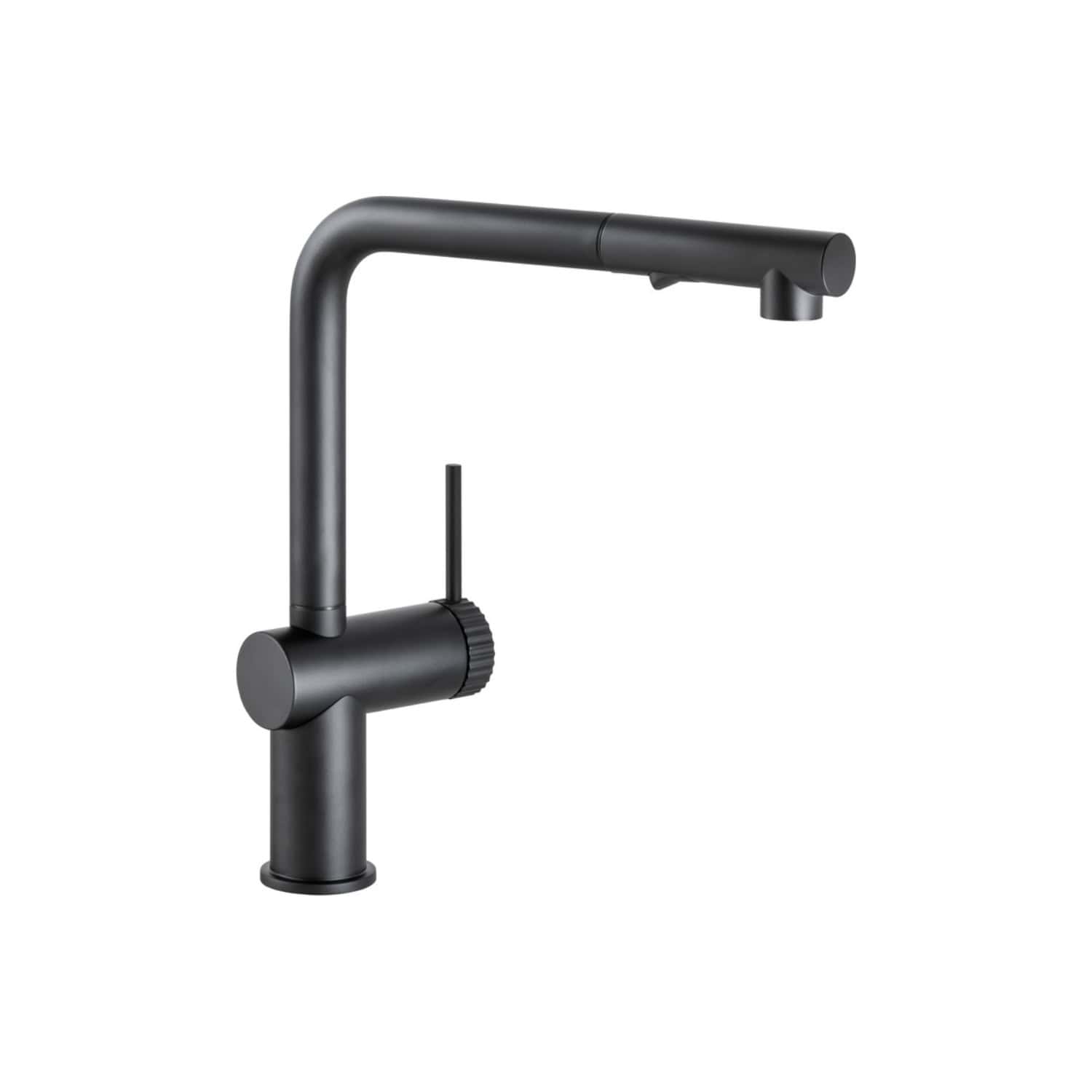 Sleek black kitchen or bathroom tap with modern design, featuring a high-arc spout and single lever control for precise water flow and temperature management.