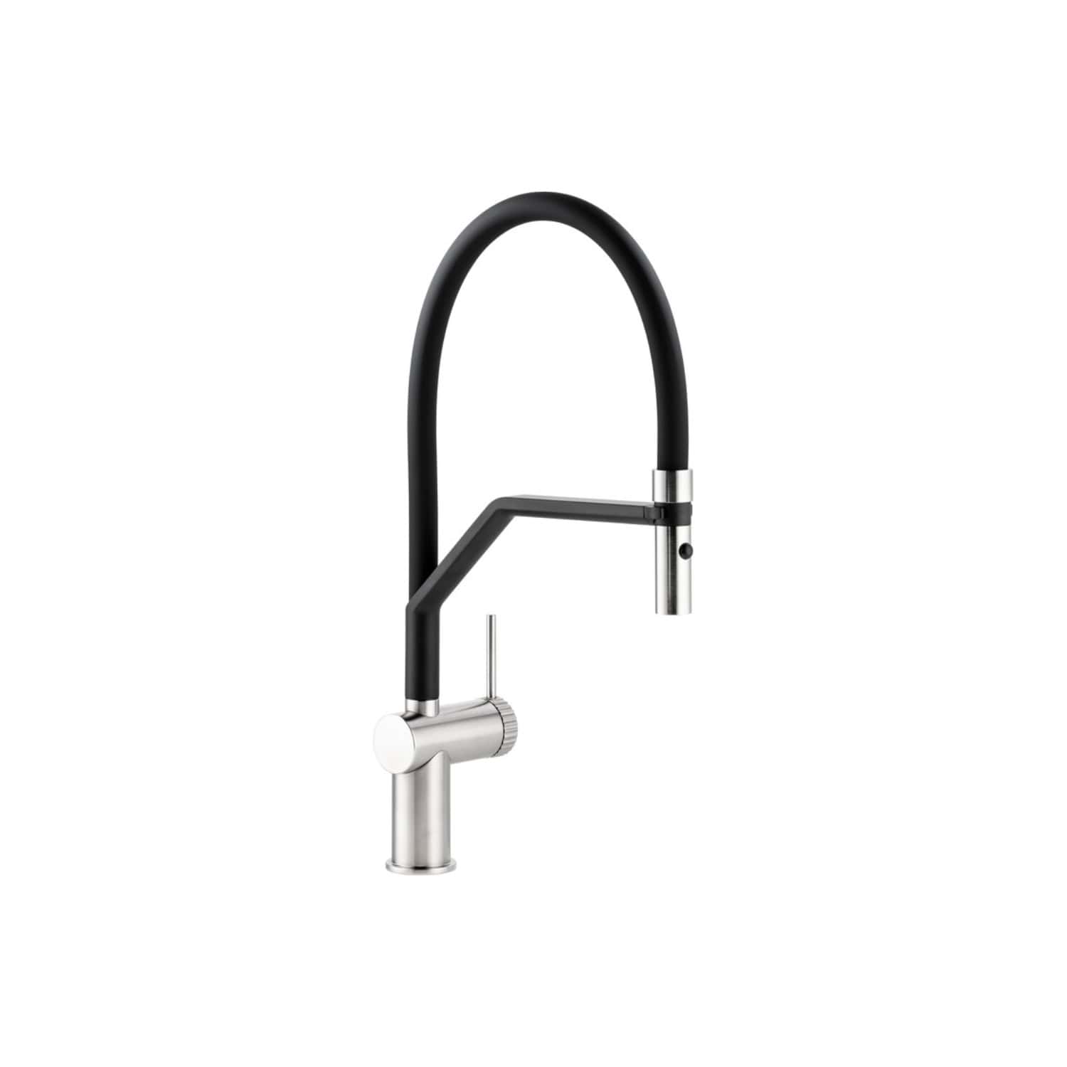 Sleek modern kitchen tap with black and stainless steel finish, featuring a flexible pull-down spray head and ergonomic lever handle for easy operation. Ideal for luxury bathroom and kitchen renovations.