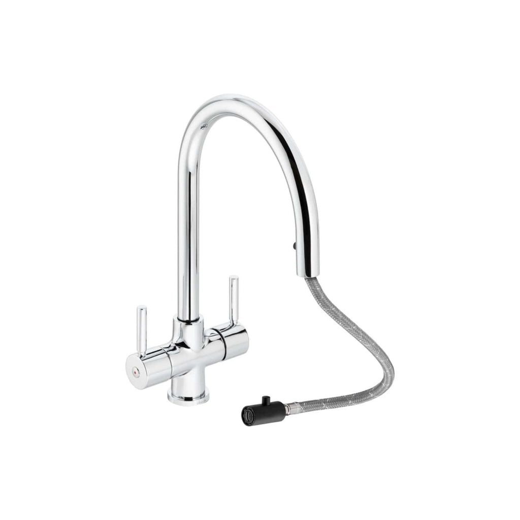 Sleek chrome kitchen tap with pull-out spray and dual lever handles, designed for modern bathroom or kitchen installations. Durable, stylish, and easy to use.