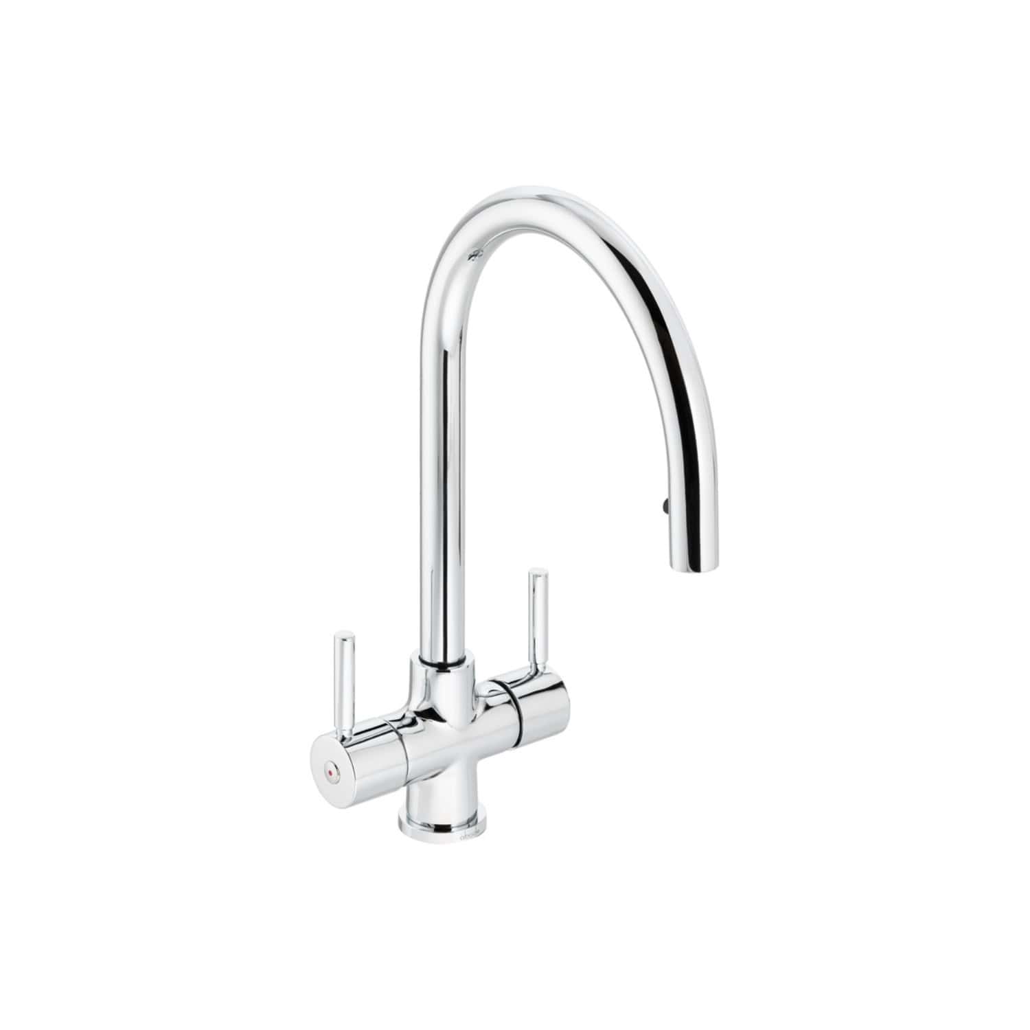 Sleek chrome kitchen tap with high-arc spout and dual lever handles, ideal for modern bathroom or kitchen upgrades, providing durable and stylish water access.