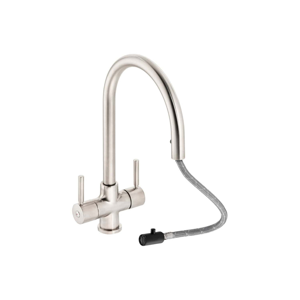 Sleek modern stainless steel kitchen tap with pull-out spray hose ideal for kitchen renovations and sink upgrades. Durable and stylish, perfect for contemporary kitchen design.