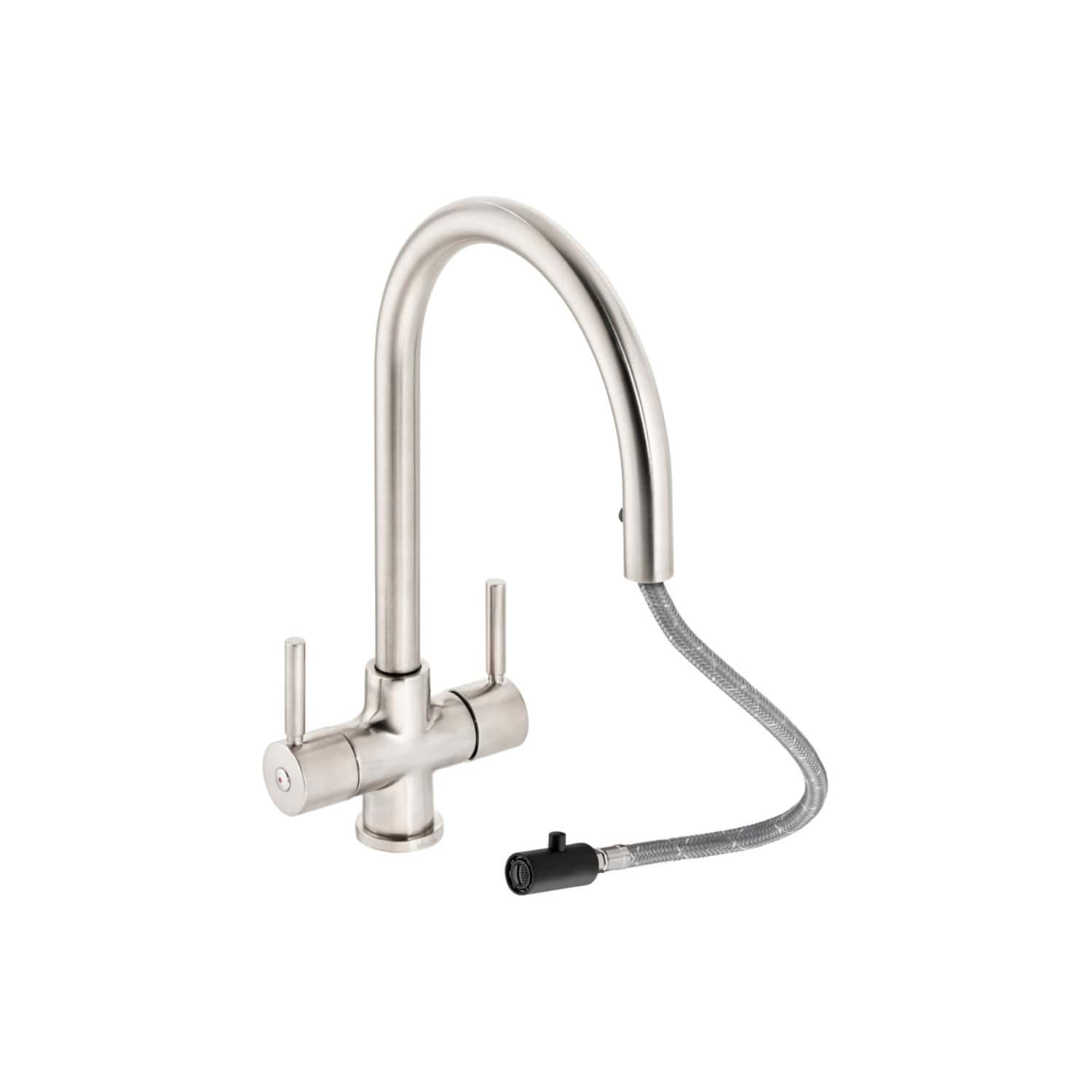 Sleek modern stainless steel kitchen tap with pull-out spray hose ideal for kitchen renovations and sink upgrades. Durable and stylish, perfect for contemporary kitchen design.