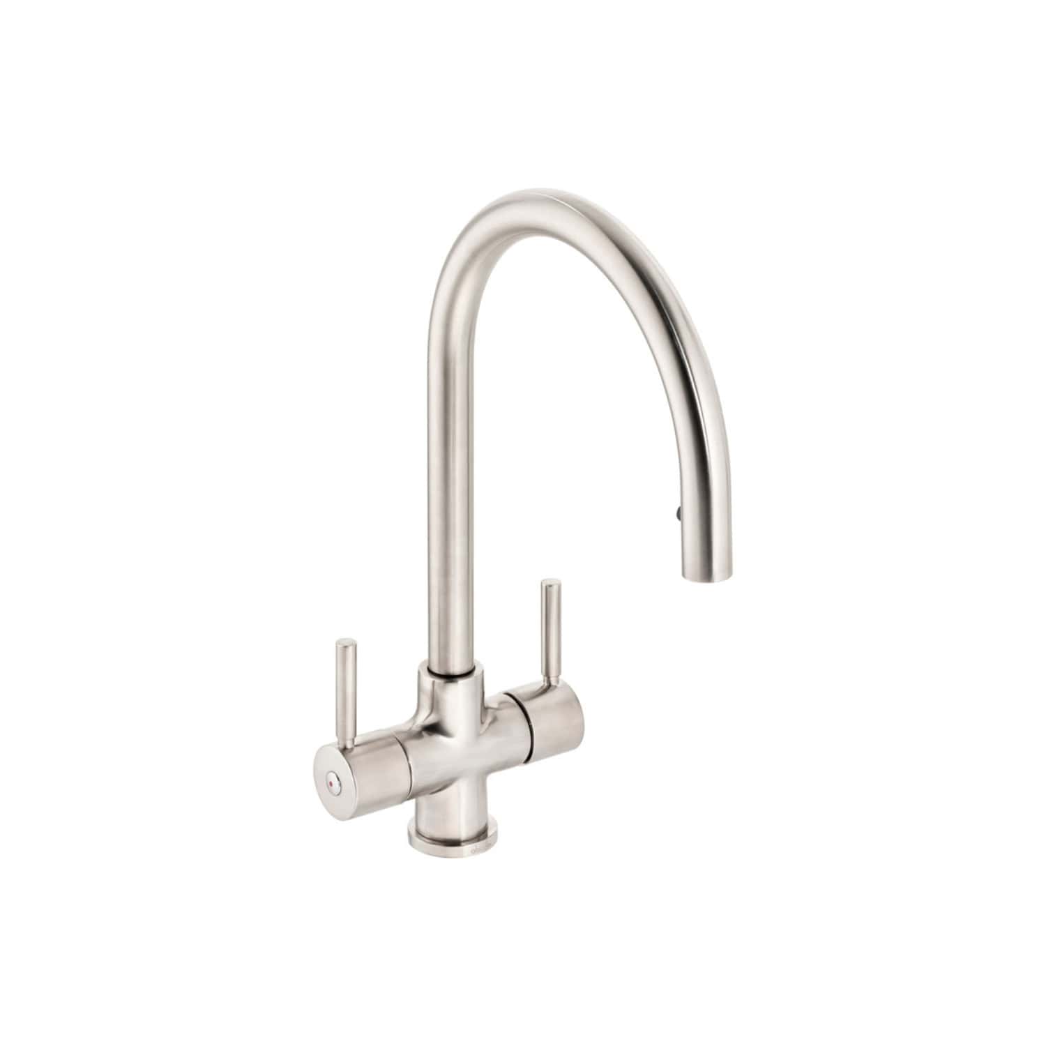 Sleek stainless steel kitchen tap with dual handles and high-arc spout, ideal for modern and functional Bubly Bathrooms kitchens. Durable, stylish, and easy to operate for everyday use.