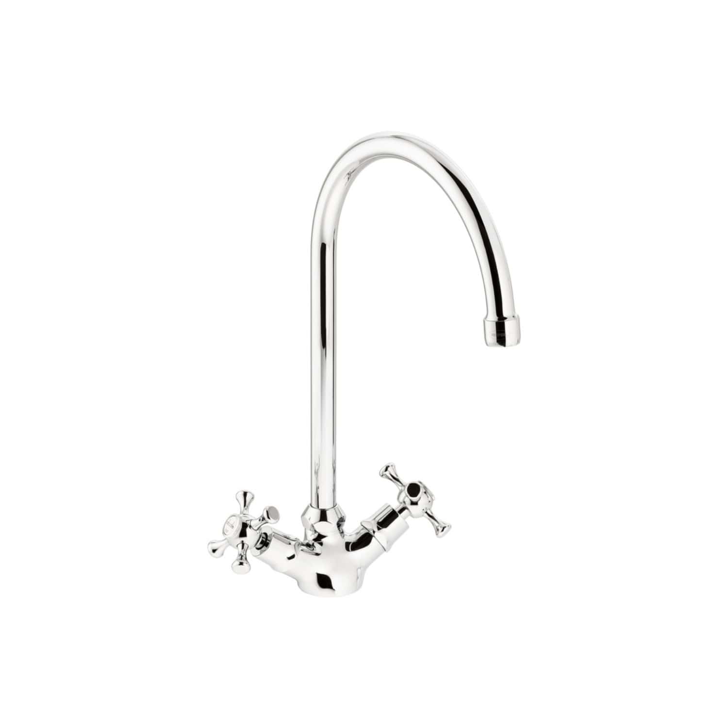 Polished chrome kitchen tap with dual cross handles and high-arc spout, ideal for modern bathrooms and kitchens, designed by Bubly Bathrooms.