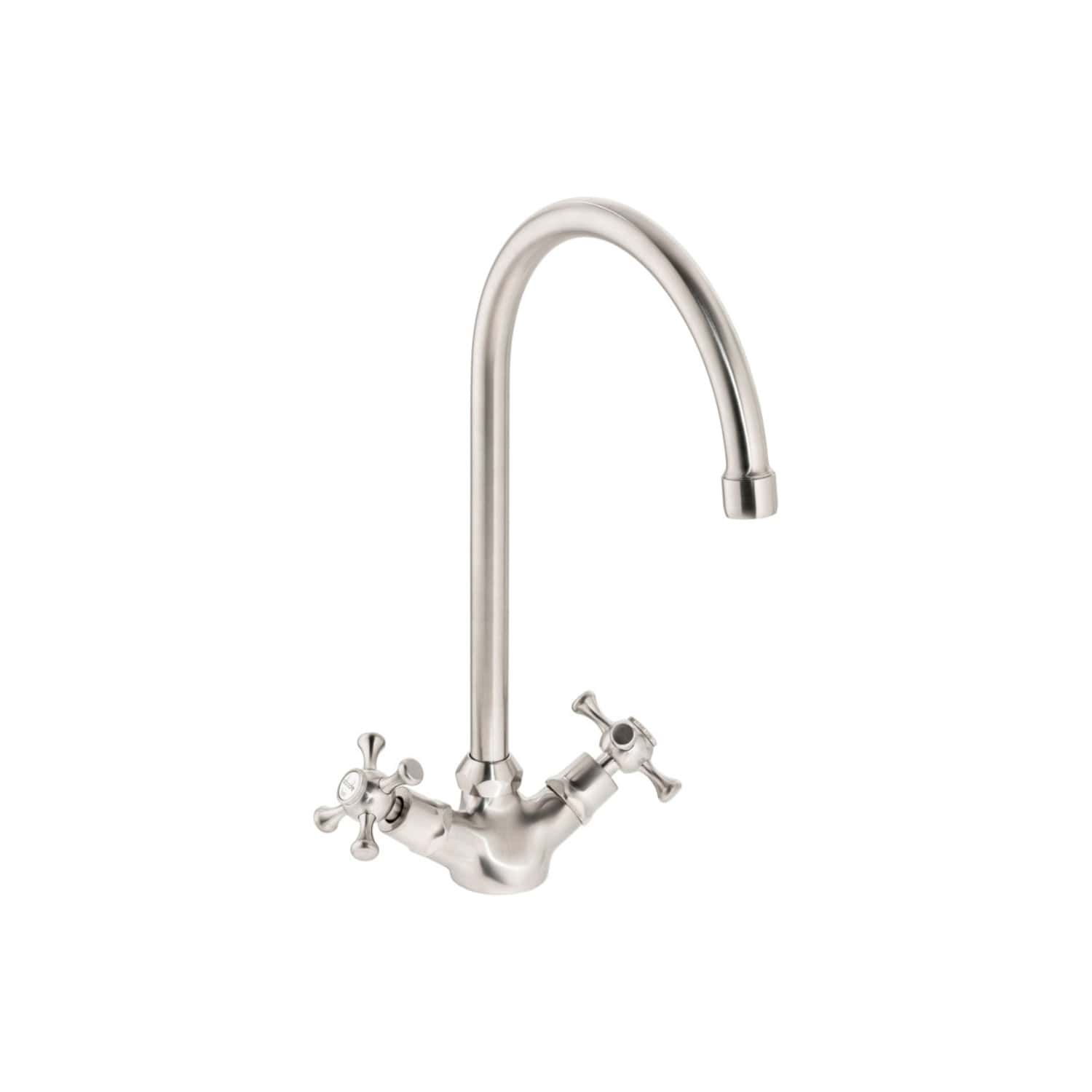 Stainless steel kitchen tap with dual handles and high-arc spout, ideal for modern bathrooms and kitchens. Durable and sleek, perfect for ensuring efficient water flow and easy operation.