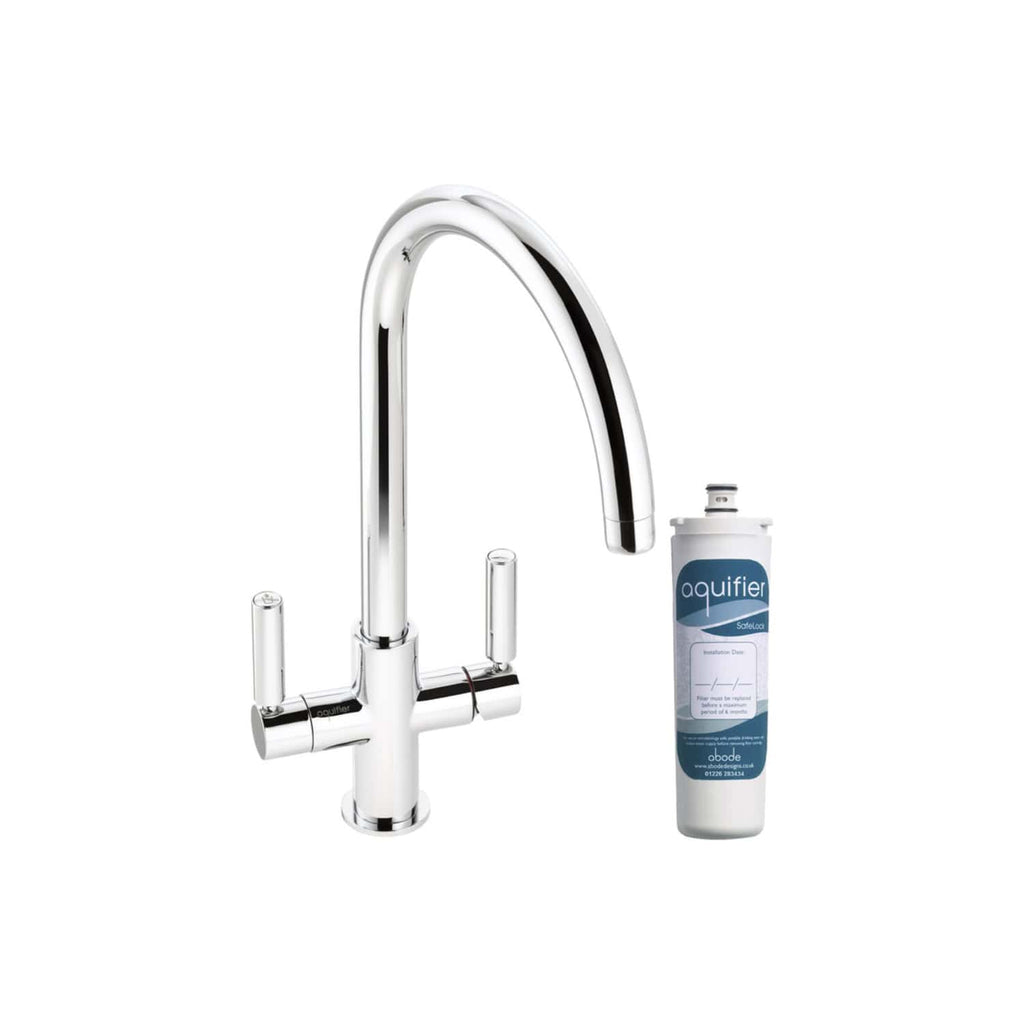 Purity chrome kitchen tap with Aquifer water filter attachment. Modern design, easy to install, ideal for clean drinking water in British bathrooms and kitchens.