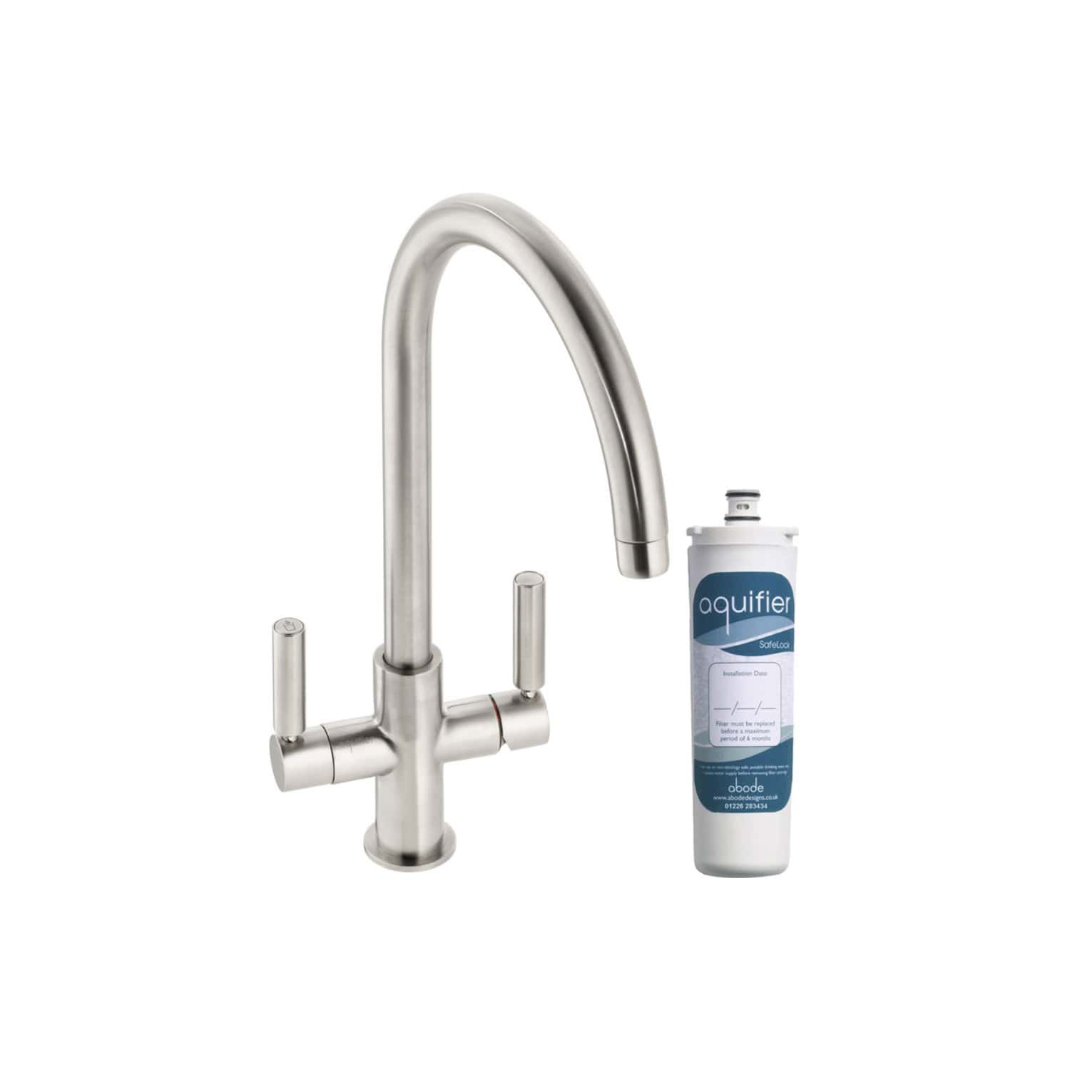 Stainless steel kitchen tap with Aquifer water filter and filtration cartridge for clean, fresh drinking water and improved kitchen hygiene. Perfect for modern, eco-friendly kitchens.