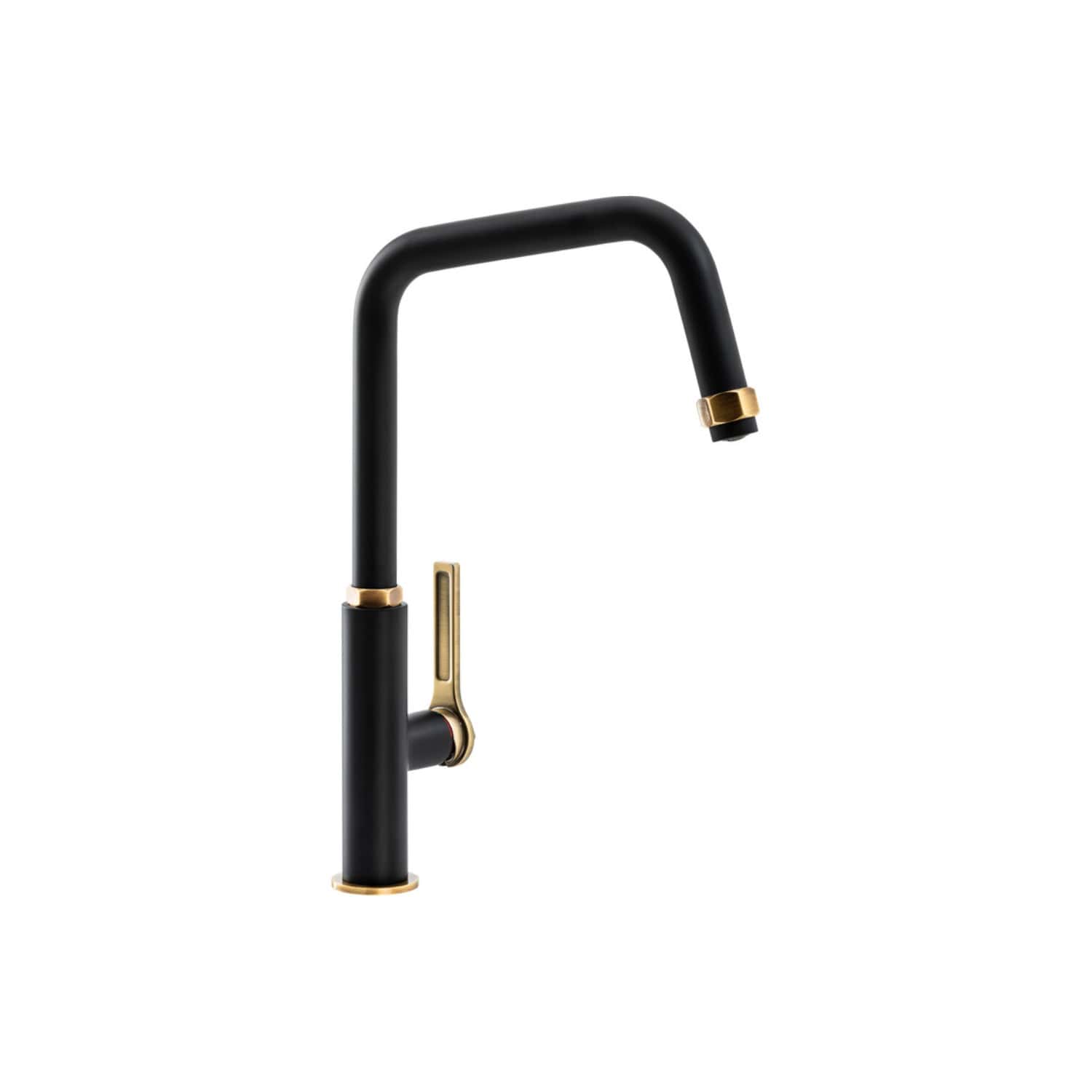 Sleek black kitchen tap with gold accents, modern design, perfect for stylish bathrooms or kitchens, durable matte finish, easy to install, and designed for practicality and elegance.