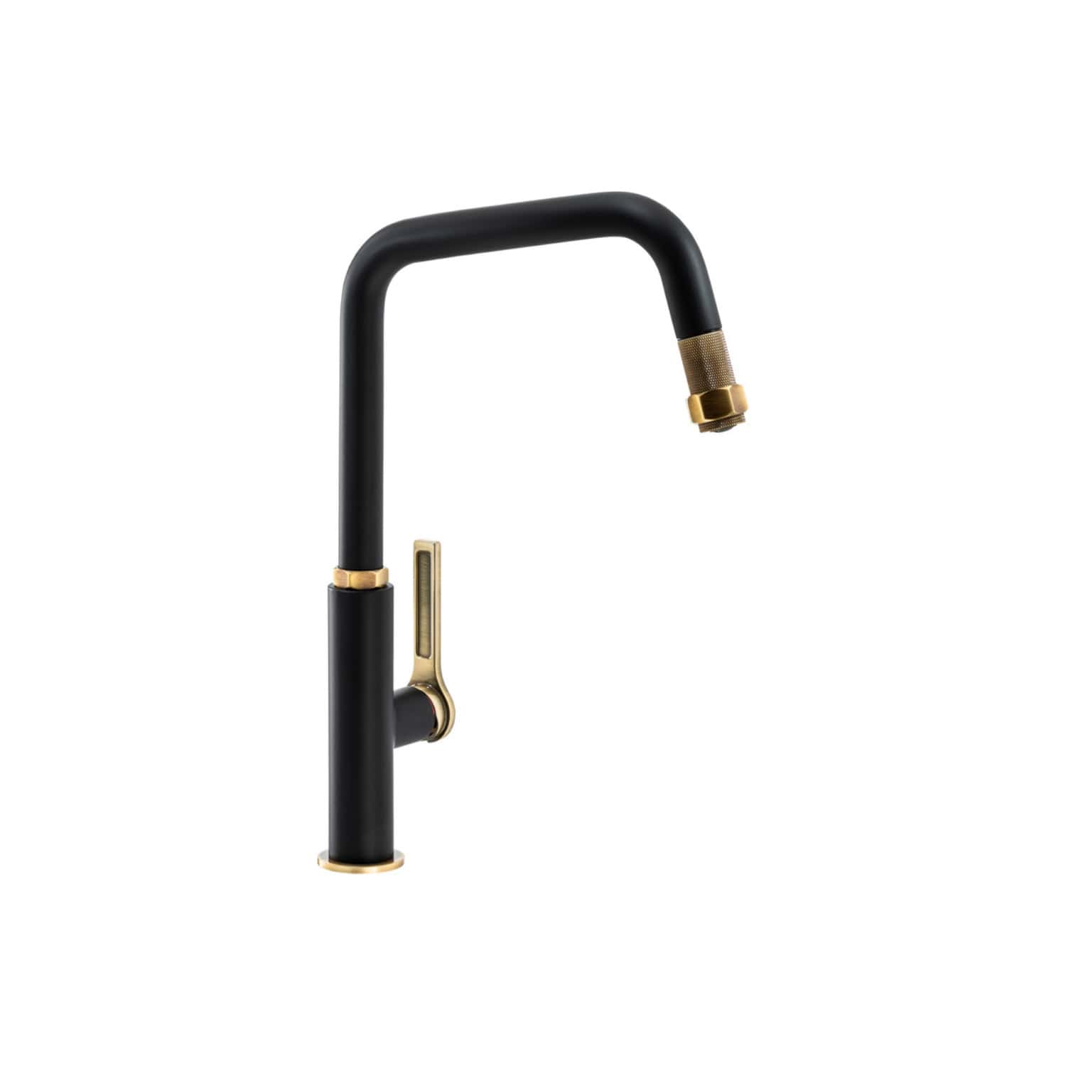 Luxurious black and gold modern bathroom kitchen tap with a sleek curved spout and single lever design, ideal for contemporary sink fixtures.