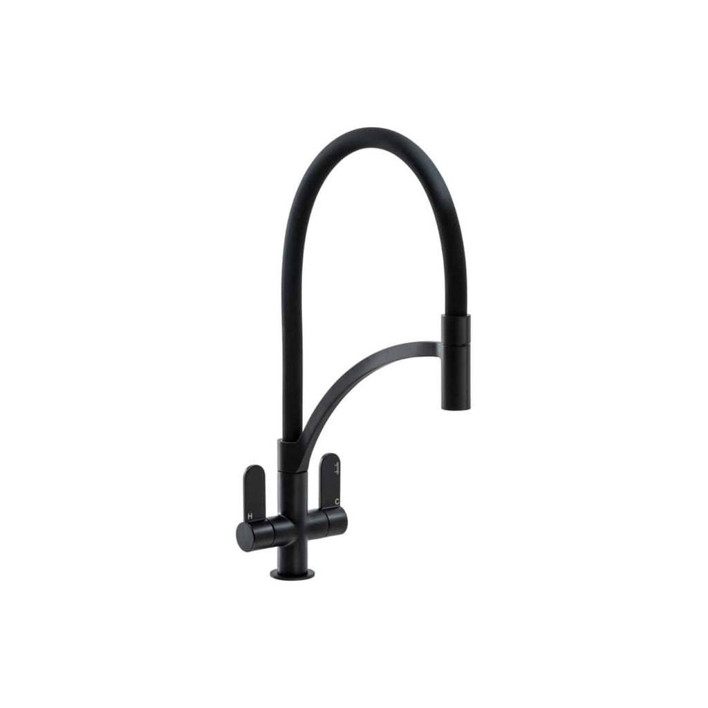 Sleek black kitchen tap with high-arc spout and dual lever handles, ideal for modern kitchens, offering style and functionality for Bubly Bathrooms.