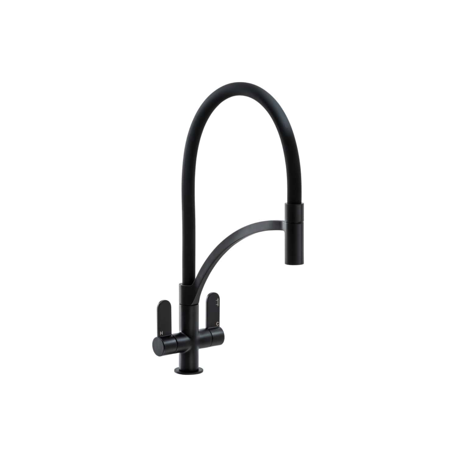 Sleek black kitchen tap with high-arc spout and dual lever handles, ideal for modern kitchens, offering style and functionality for Bubly Bathrooms.