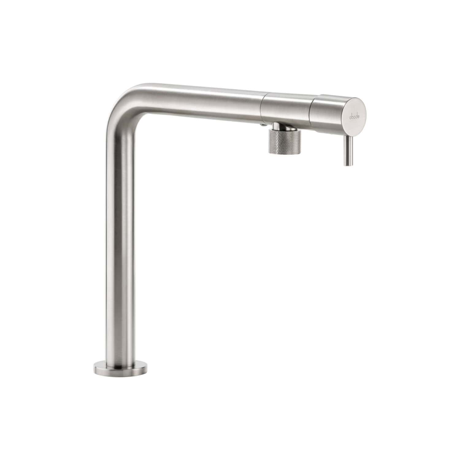 Sleek stainless steel kitchen tap with modern minimalist design, perfect for contemporary bathrooms and kitchens, featuring a pull-out spray and high-arc spout for versatility and style.