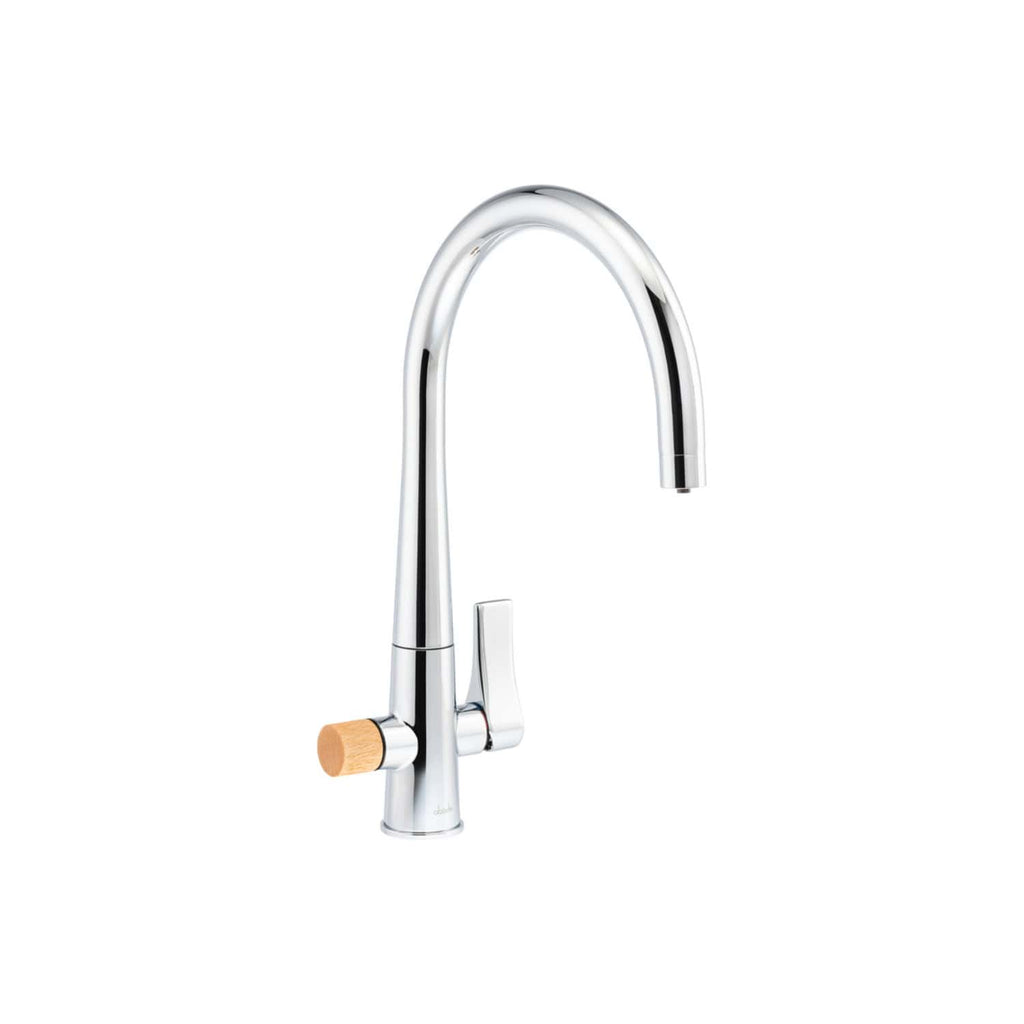 Sleek modern kitchen faucet with chrome finish and wooden handle, ideal for stylish bathroom or kitchen renovations, provides durable, high-quality water flow and smart design.