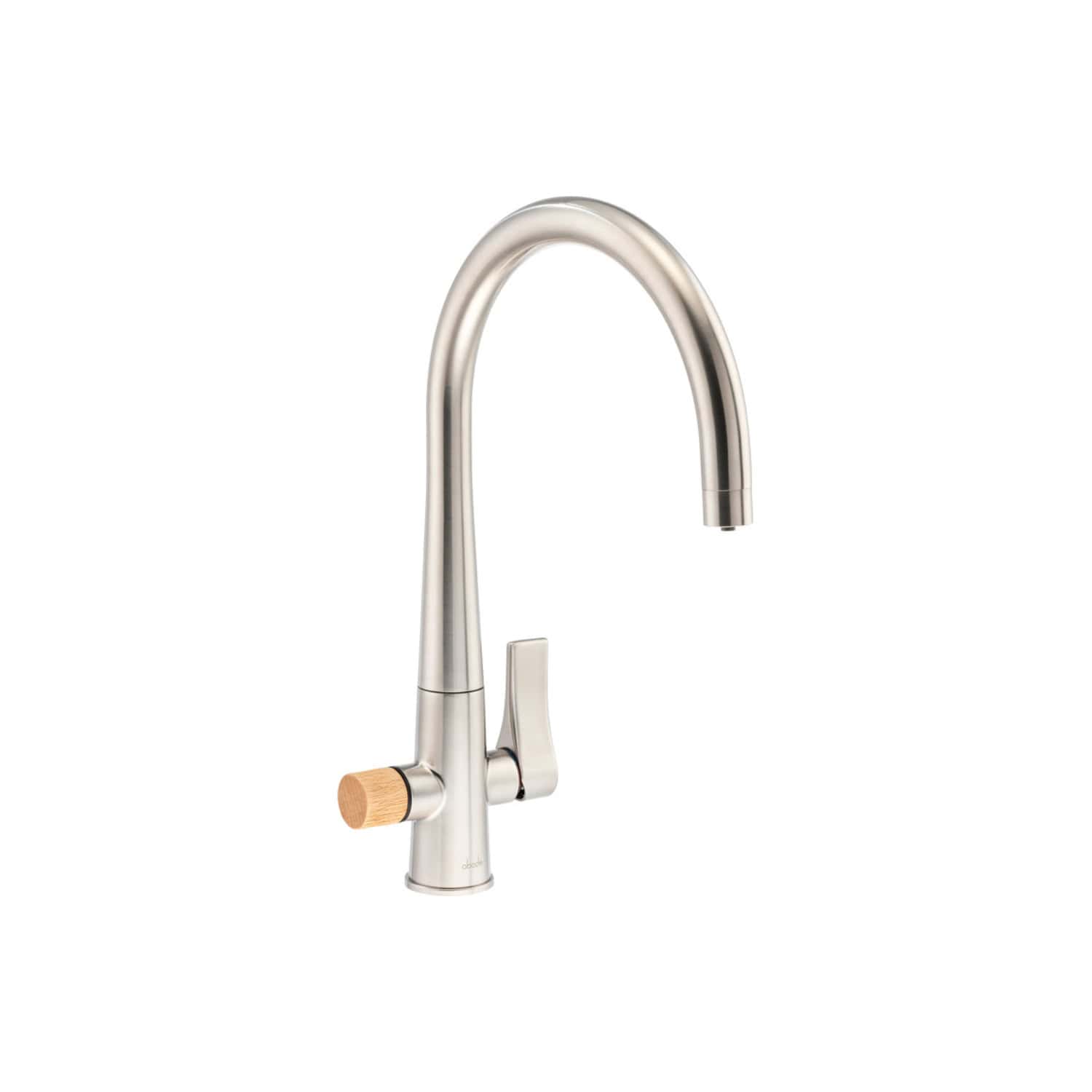 Sleek stainless steel kitchen tap with a wooden handle, modern design, ideal for contemporary bathrooms and kitchens, high-quality chrome finish, easy to install.