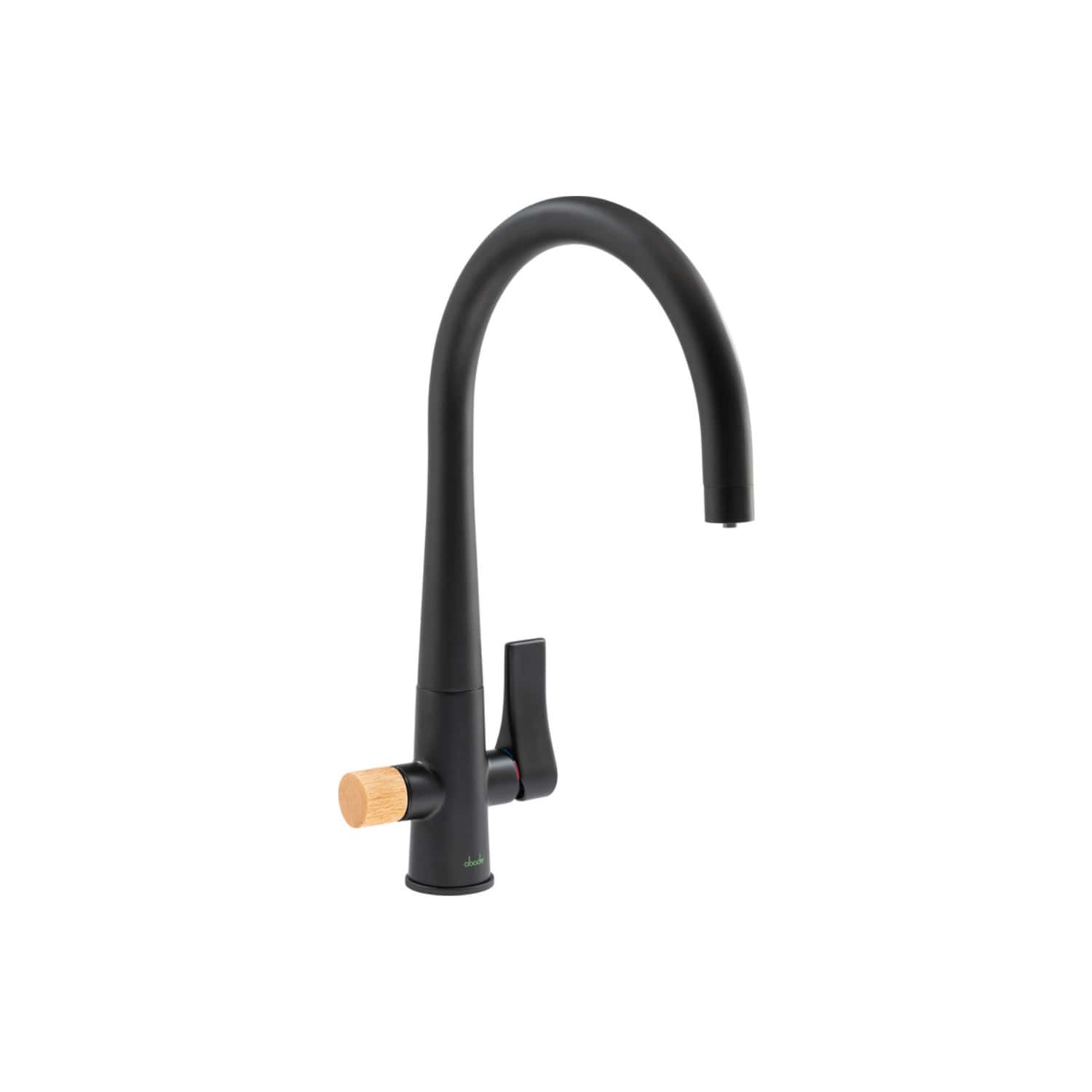 Sustainable black kitchen tap with wooden handle and modern design for Bubly Bathrooms.