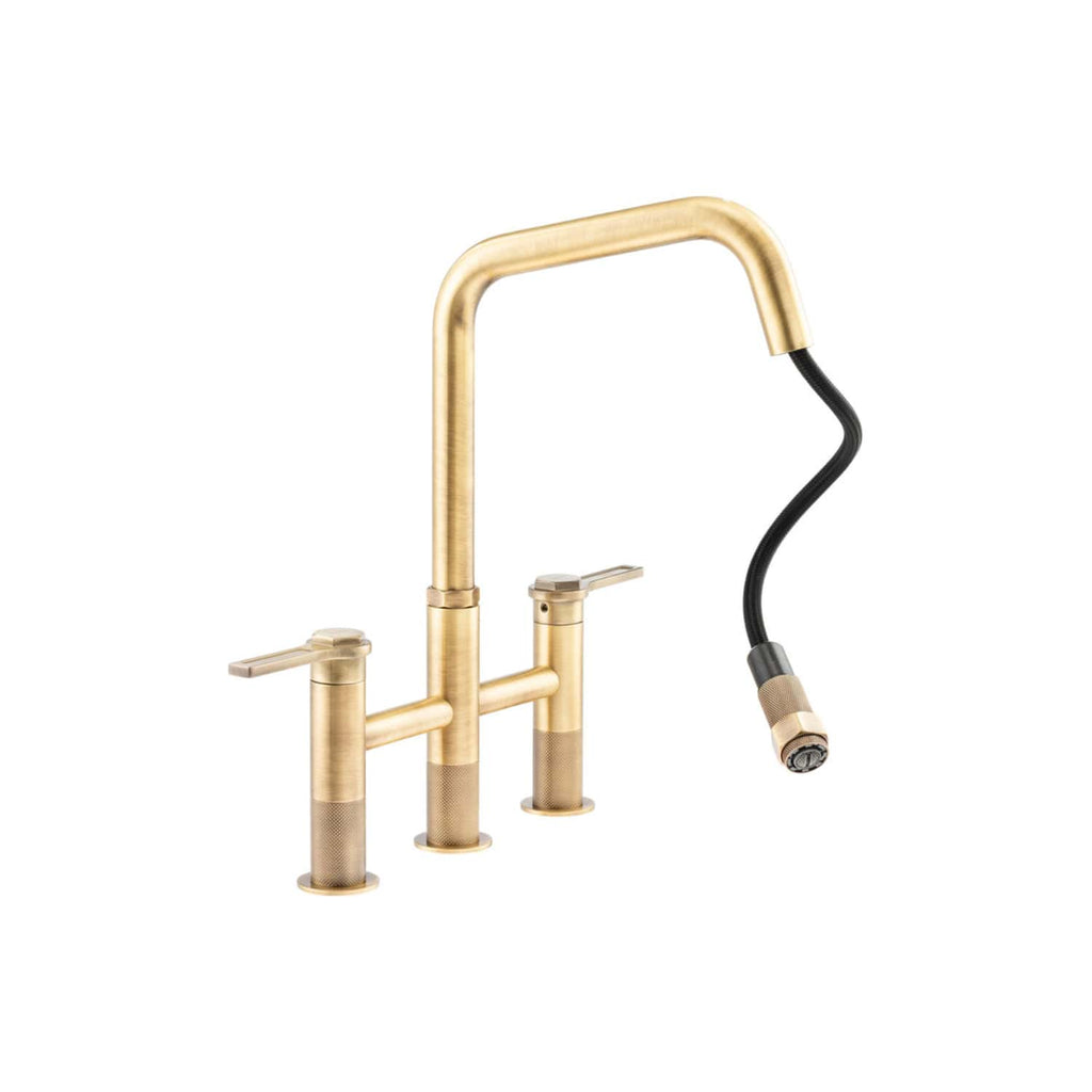 Brass kitchen sink mixer tap with flexible black hose, modern gold finish, stylish and durable for luxe bathroom or kitchen installation. Perfect for contemporary home upgrades.