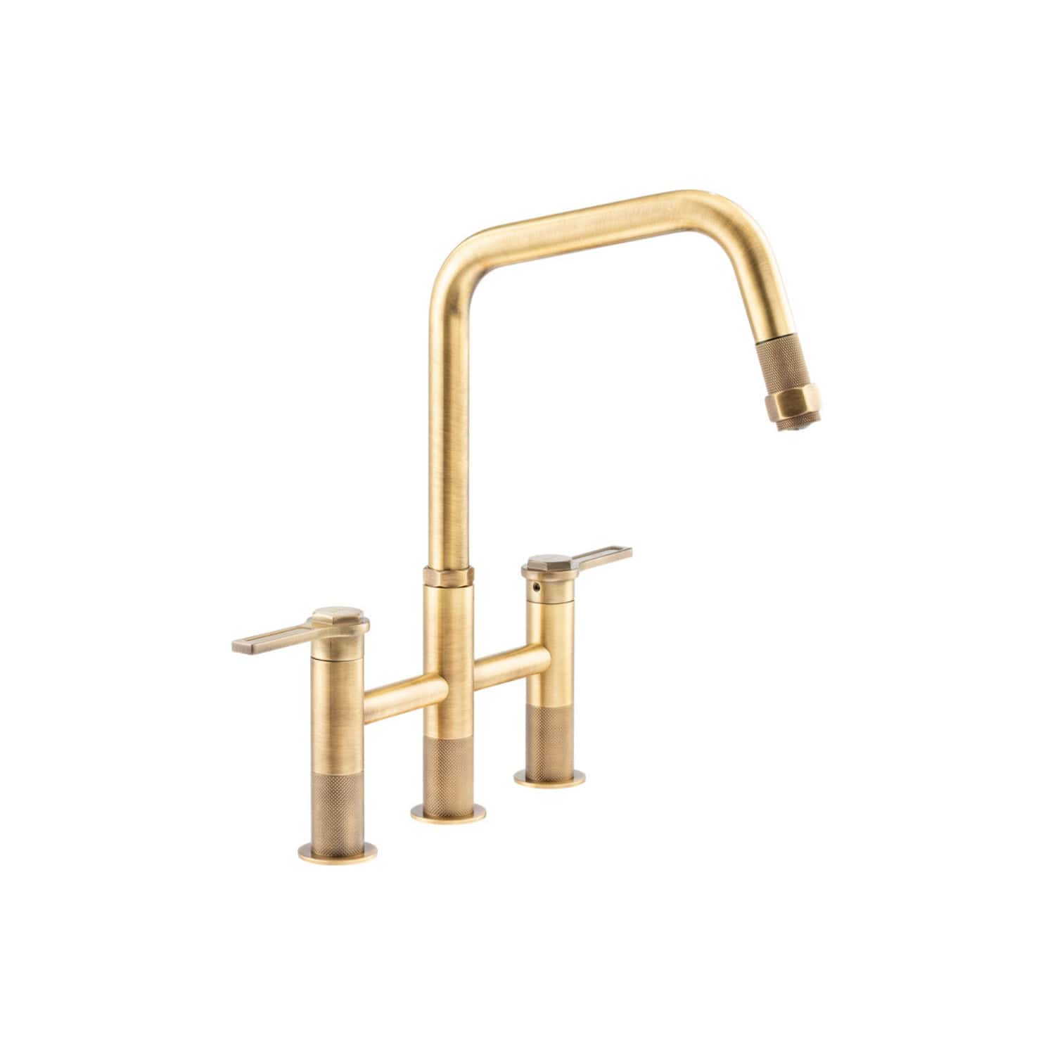Polished brass kitchen tap with dual handles and high-arc spout, modern design for stylish bathroom or kitchen upgrade.