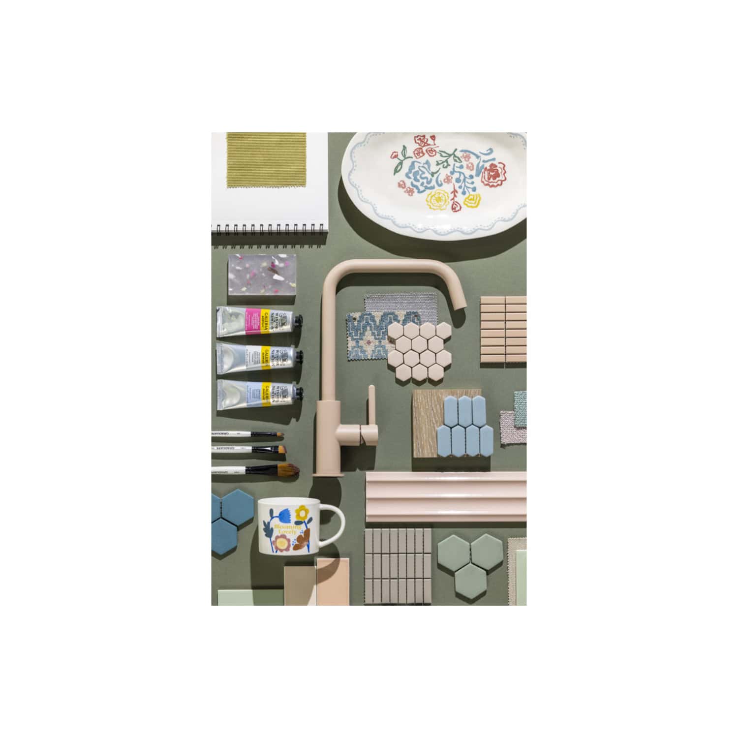 Vivid bathroom design mood board showcasing tiles, fixtures, paint samples, and decorative accessories for modern bathroom renovation and interior inspiration.