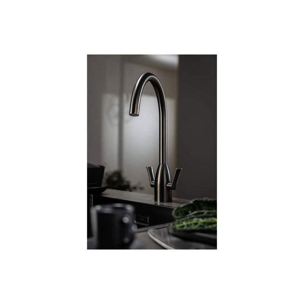 Brushed stainless steel kitchen tap with high-arc design in modern kitchen setting, sleek and contemporary plumbing fixtures, minimalist style, elegant kitchen interior, durable and stylish tap for everyday use.
